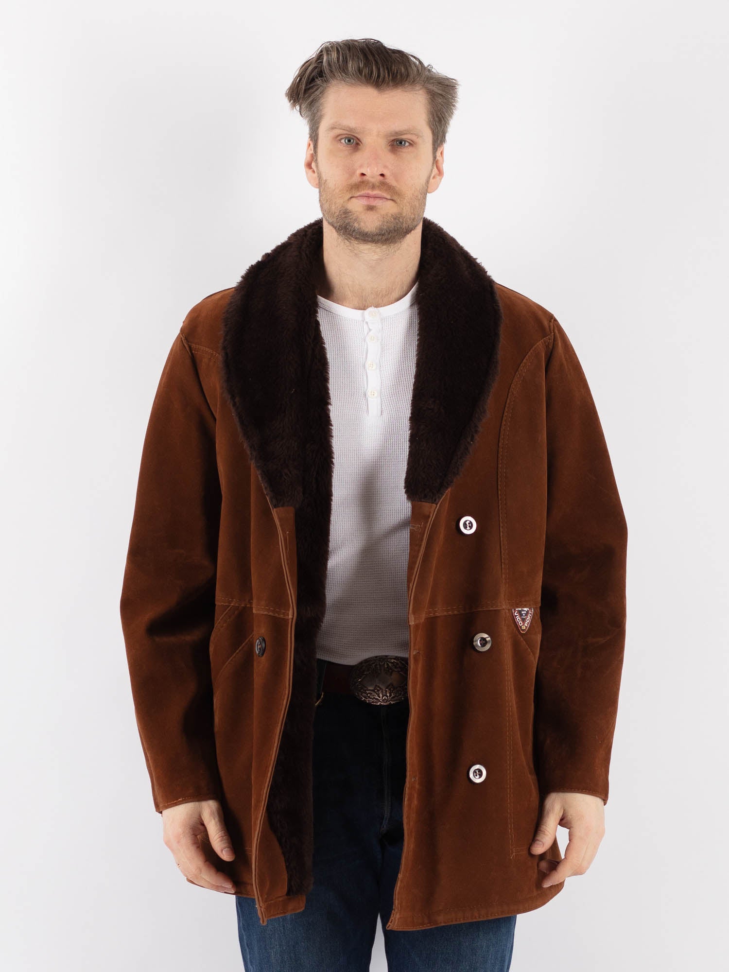 Vintage 90's Men Faux Sheepskin Coat in Brown by Northern Grip