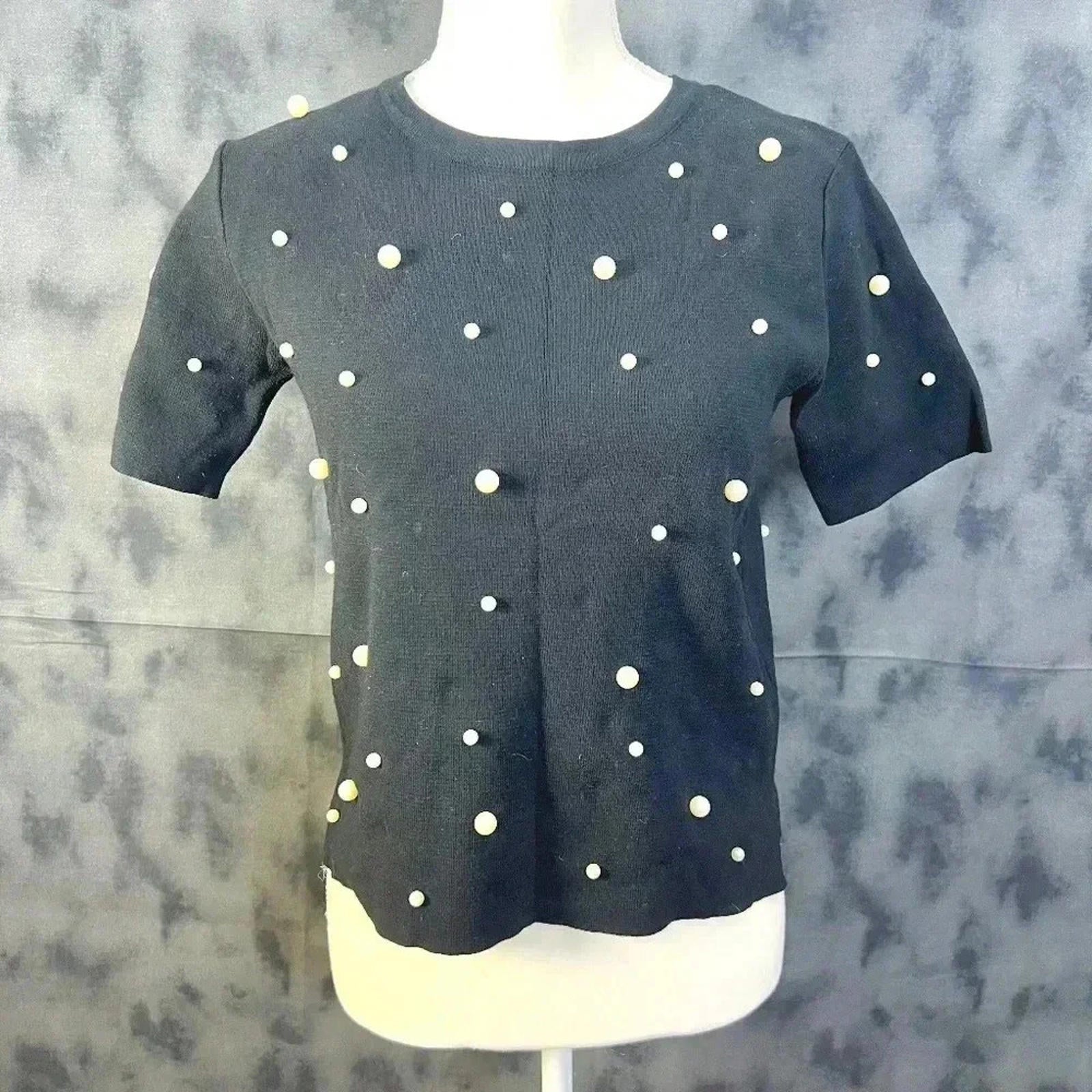 Zara Pearl Embellished Black Knit Short Sleeve Top Size S by Hot Girl Secondhand