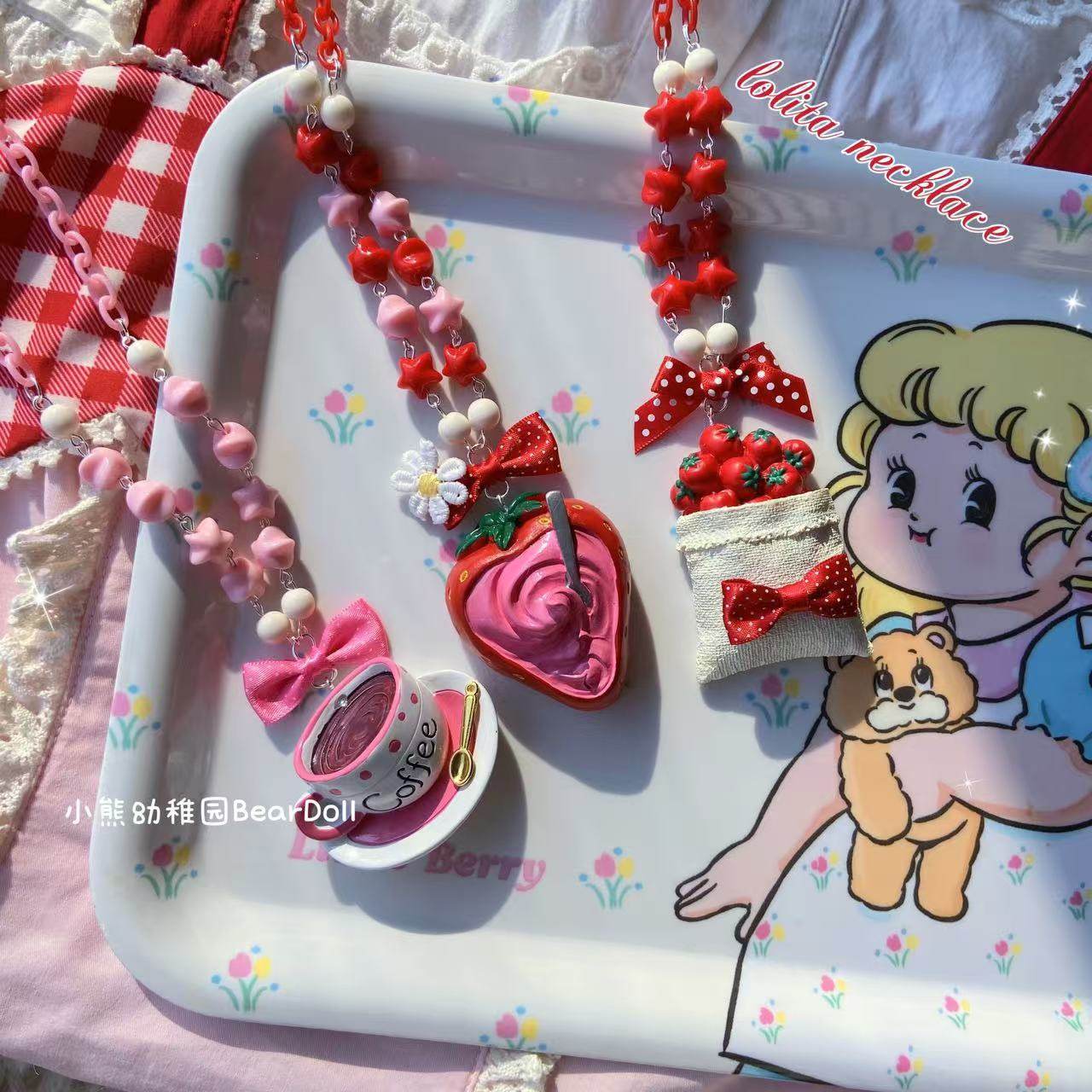 Kawaii Strawberry Cake Necklace - Bear Doll by Land Decora