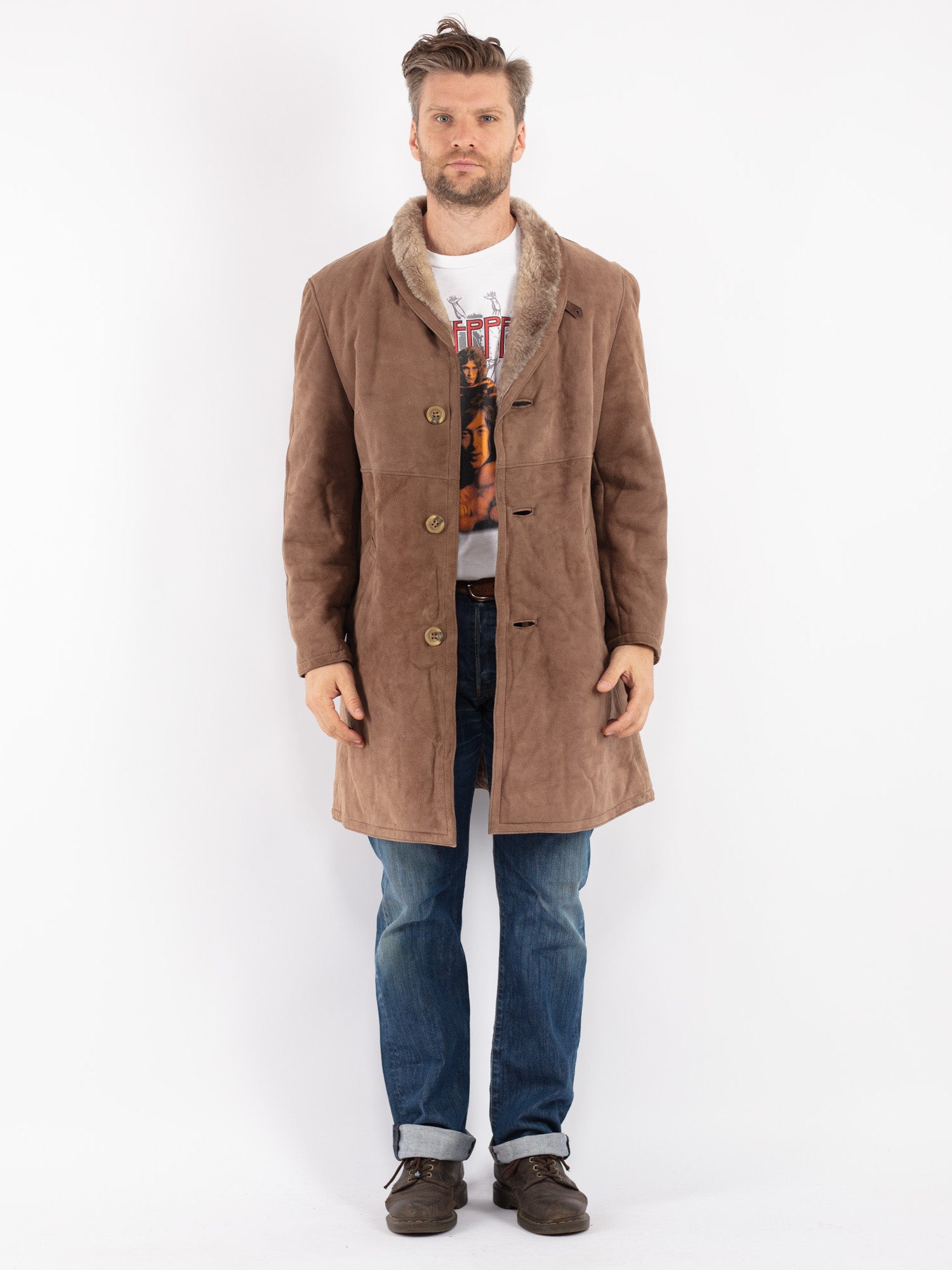 Vintage 70's Men Sheepskin Coat in Beige by Northern Grip