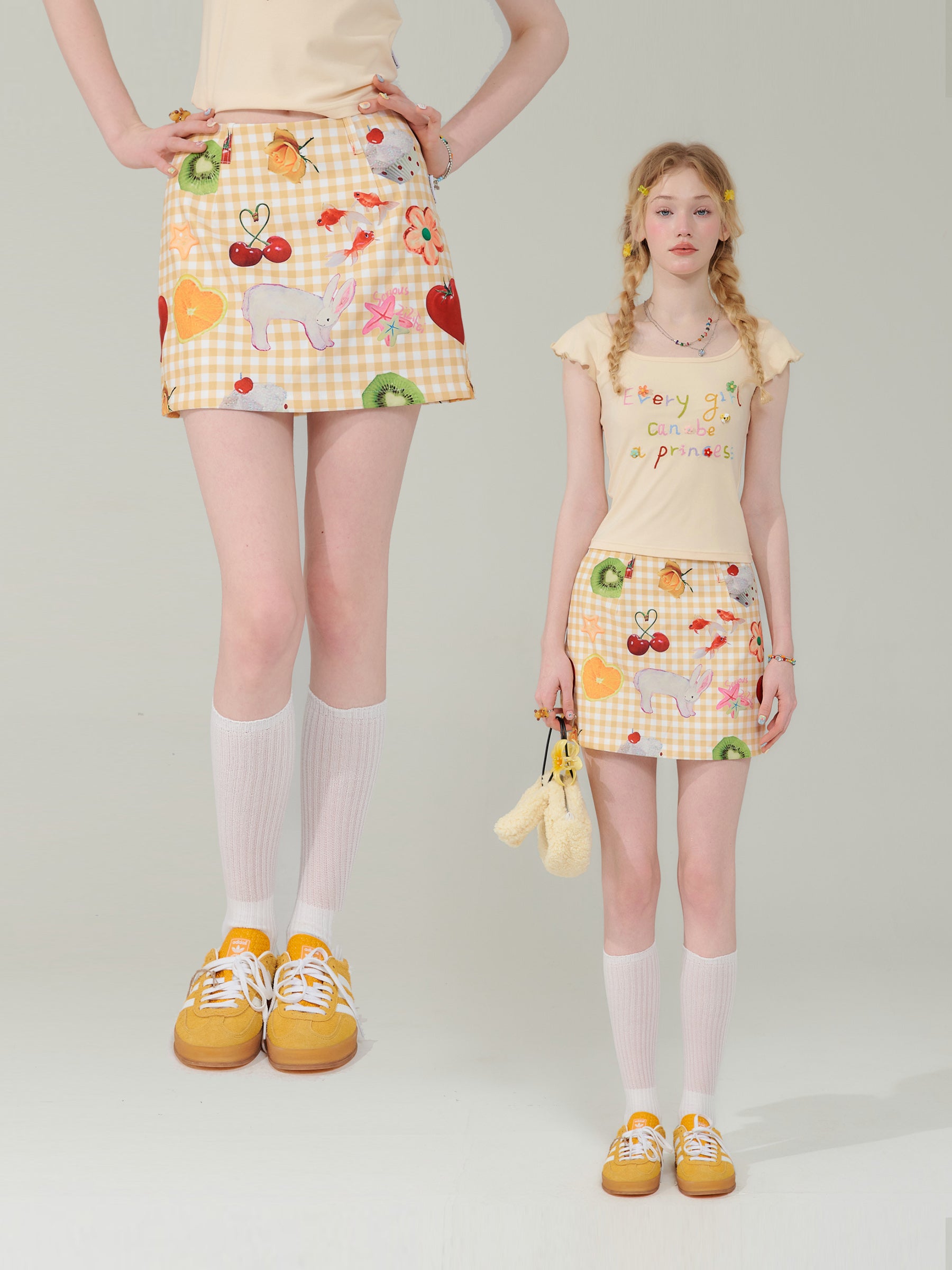 Girly Fruit Print Plaid High Waist Mini Skirt - ziziFei by Land Decora