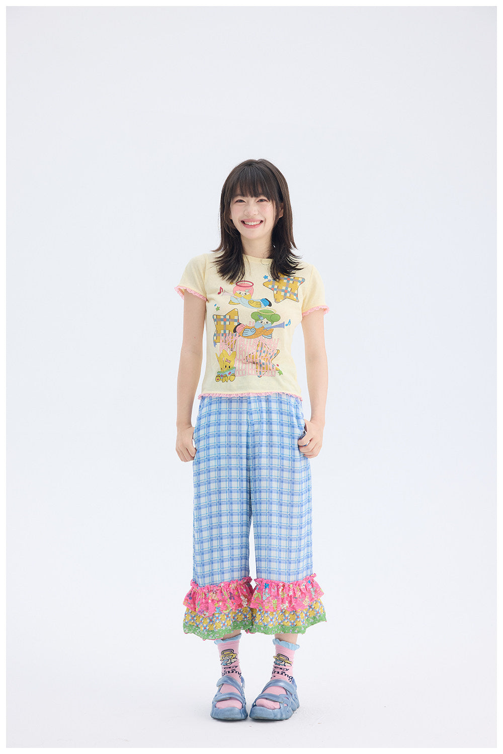 Blue Plaid Patchwork Pants | Fairy Kei Kawaii Harajuku Trousers by Land Decora