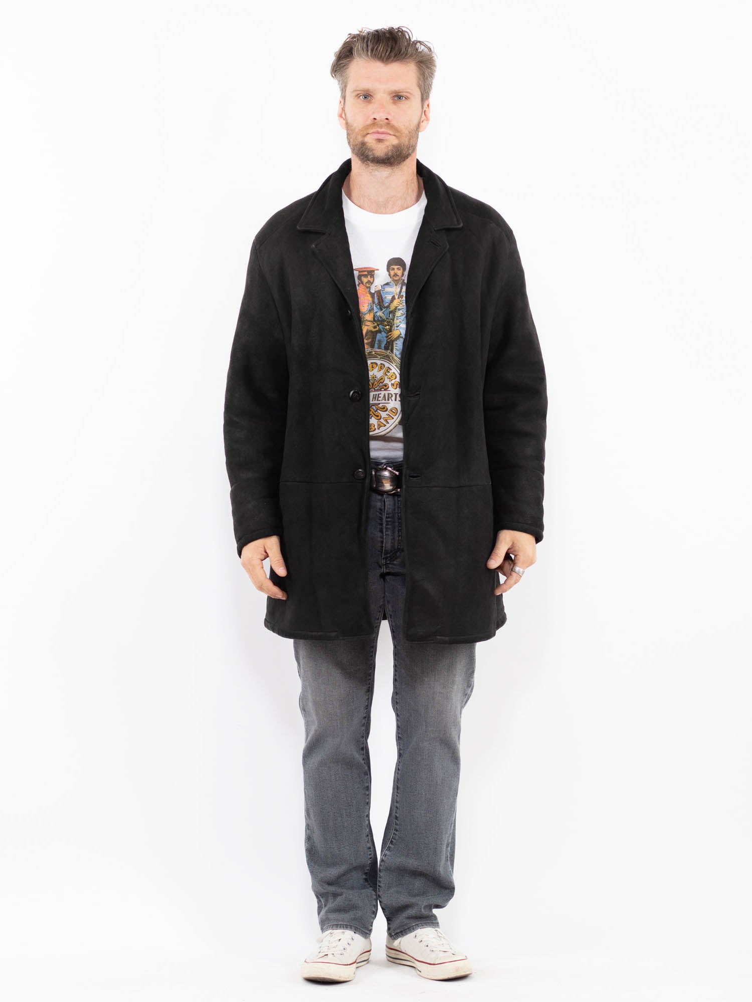 Vintage 80's Men Sheepskin Shearling Coat in Black by Northern Grip