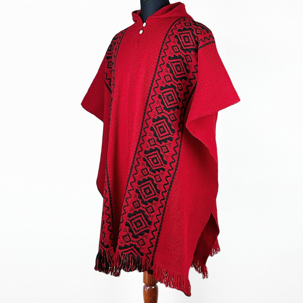 Llama Wool Unisex South American Handwoven Hooded Poncho - red with di by ECUALAMA