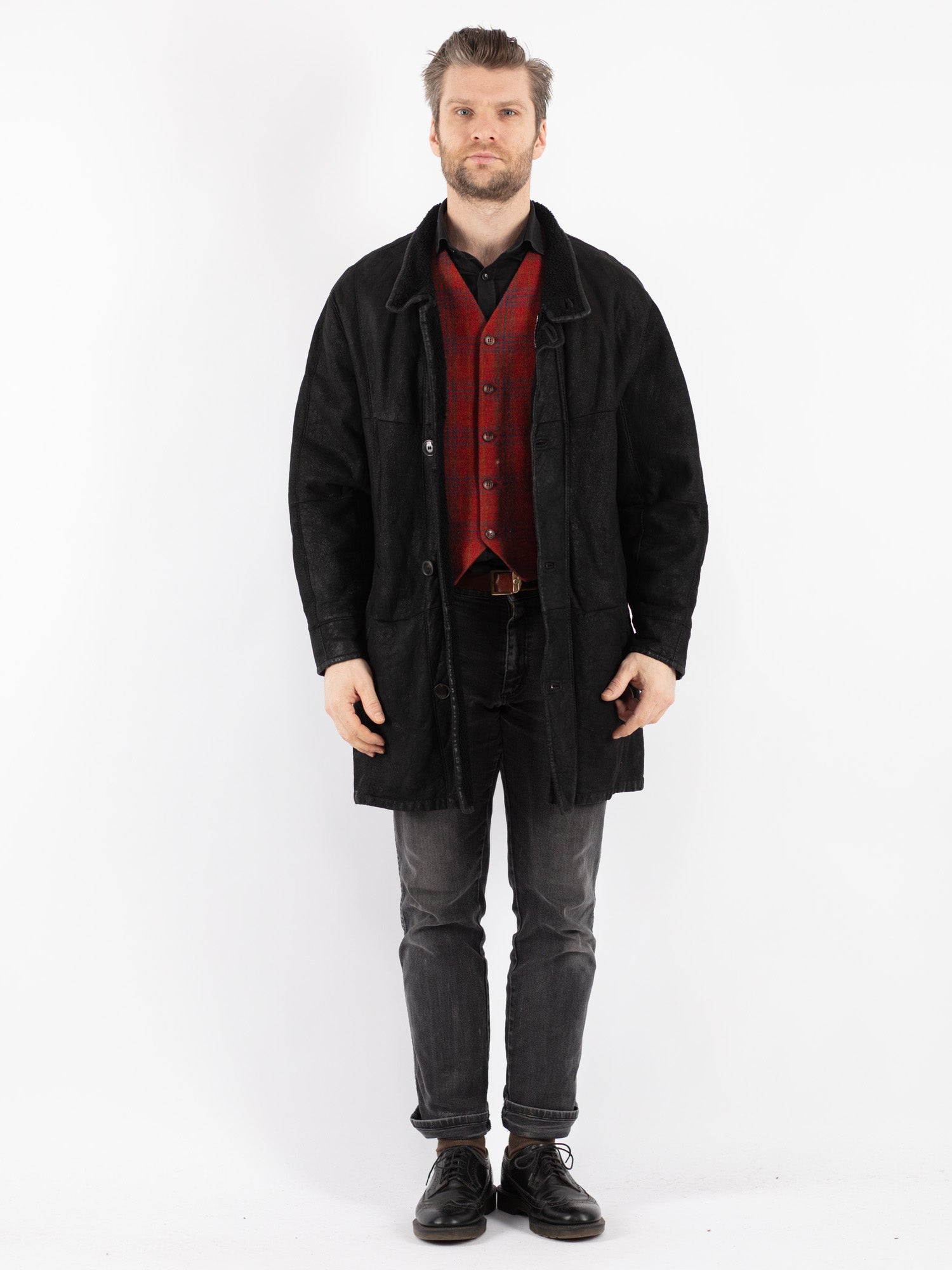Vintage 90's Men Sheepskin Coat in Black by Northern Grip