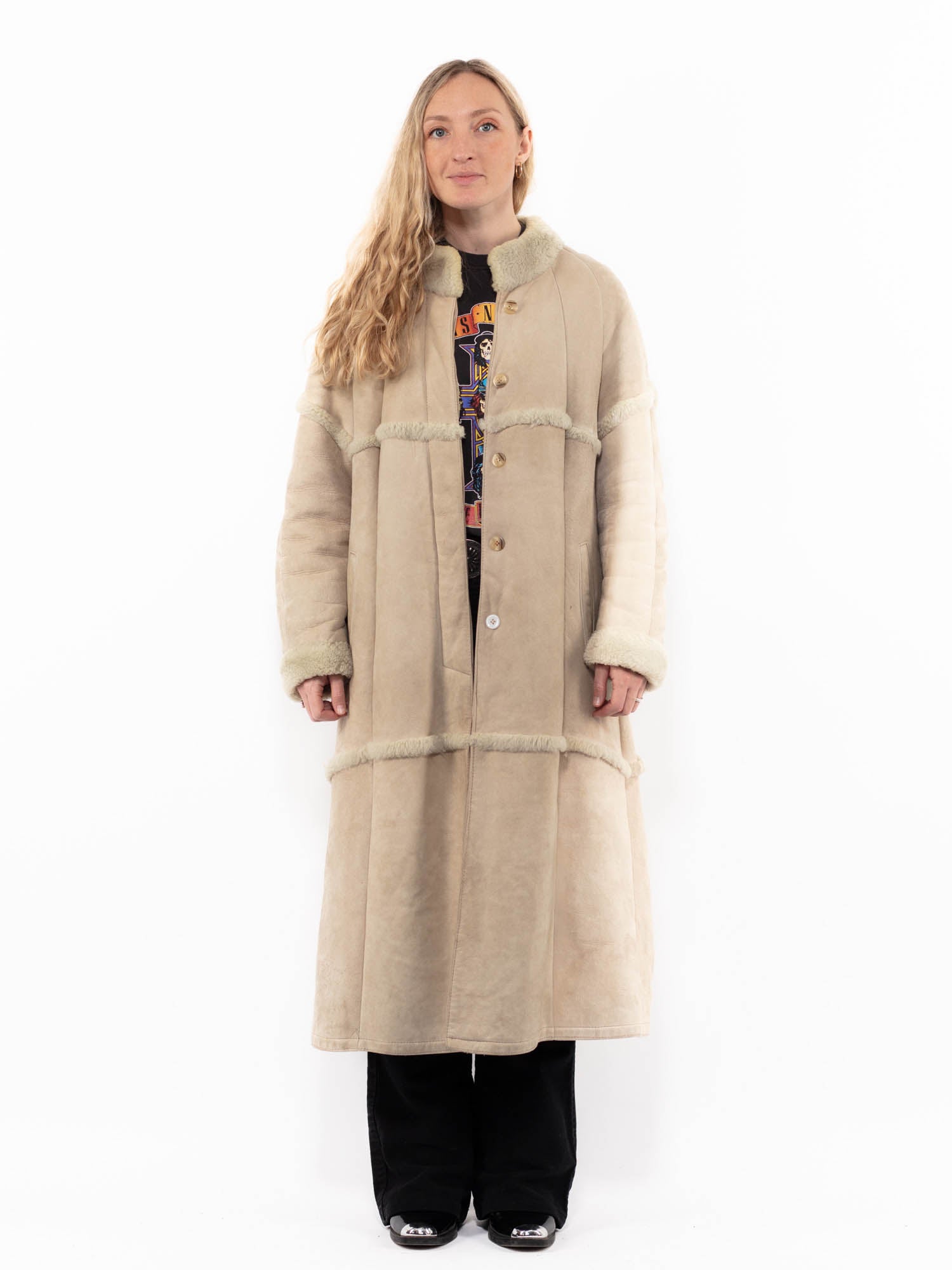 Vintage 80's Women Sheepskin Long Coat in Beige by Northern Grip