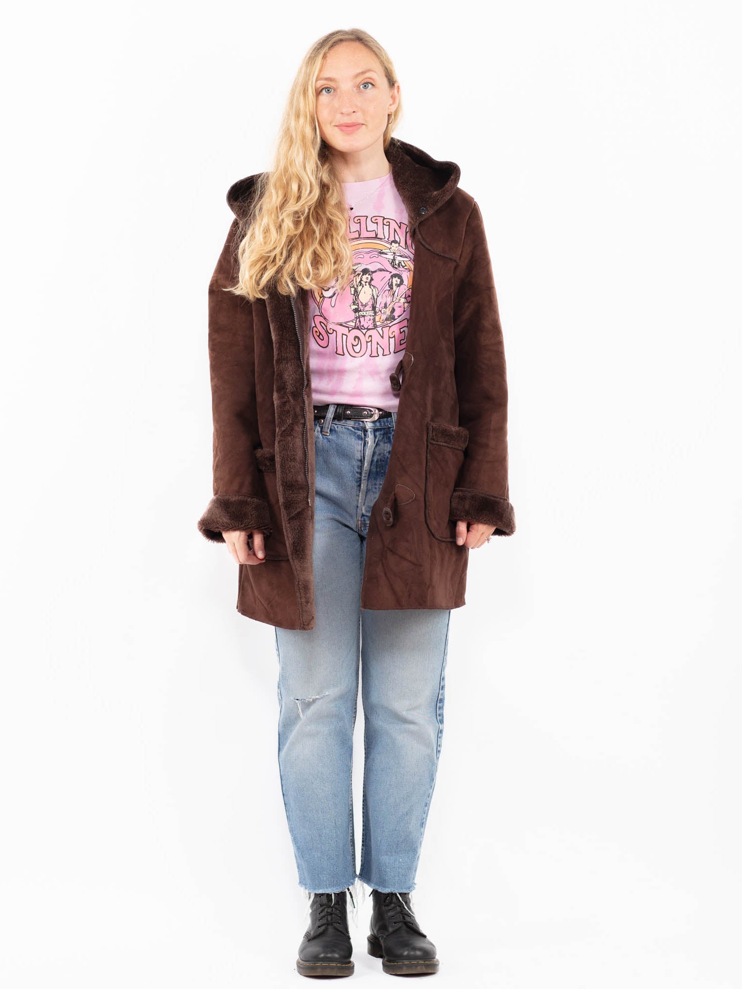 Vintage 90's Women Faux Sheepskin Coat in Brown by Northern Grip