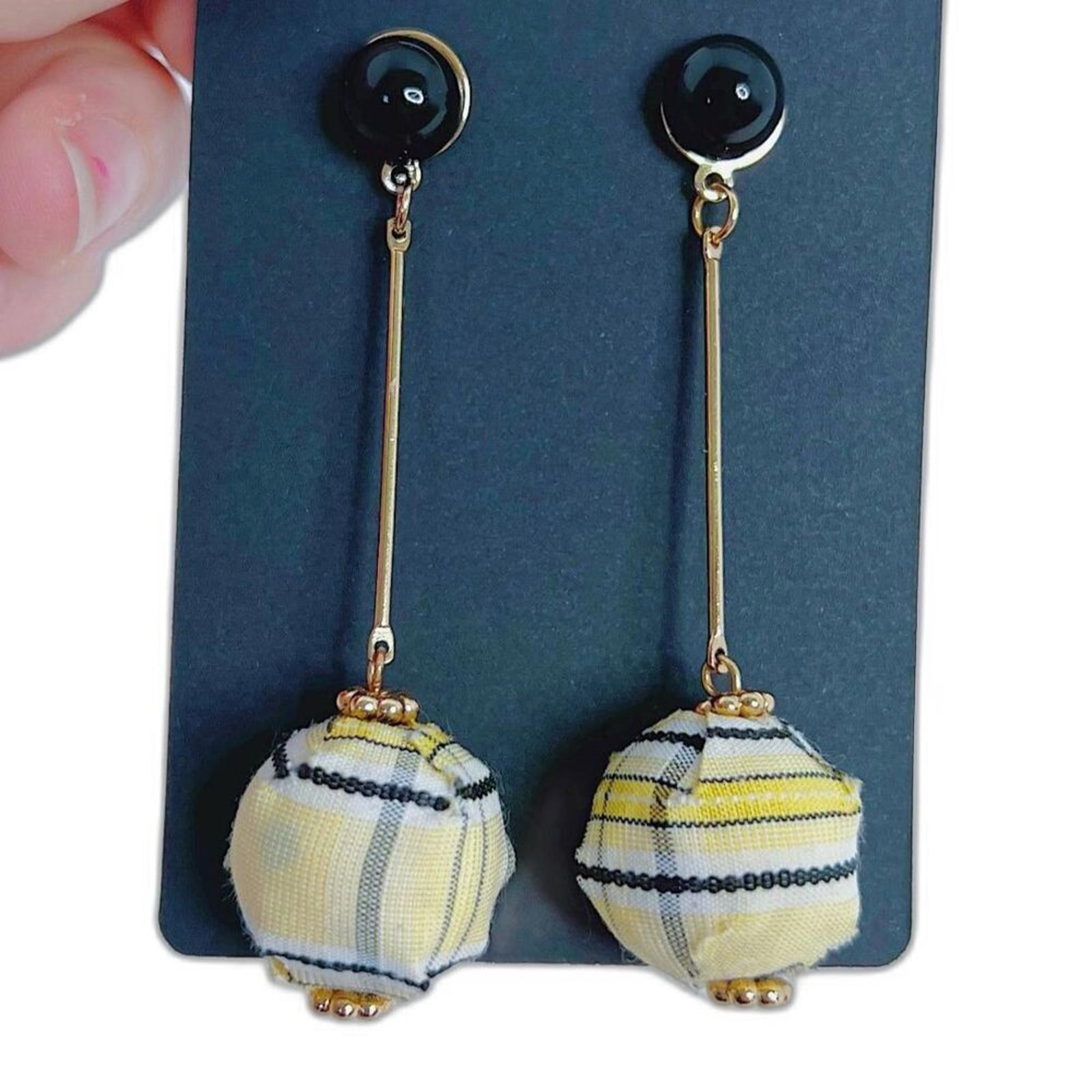 Yellow Black Plaid Ball Statement Drop Earrings by Hot Girl Secondhand