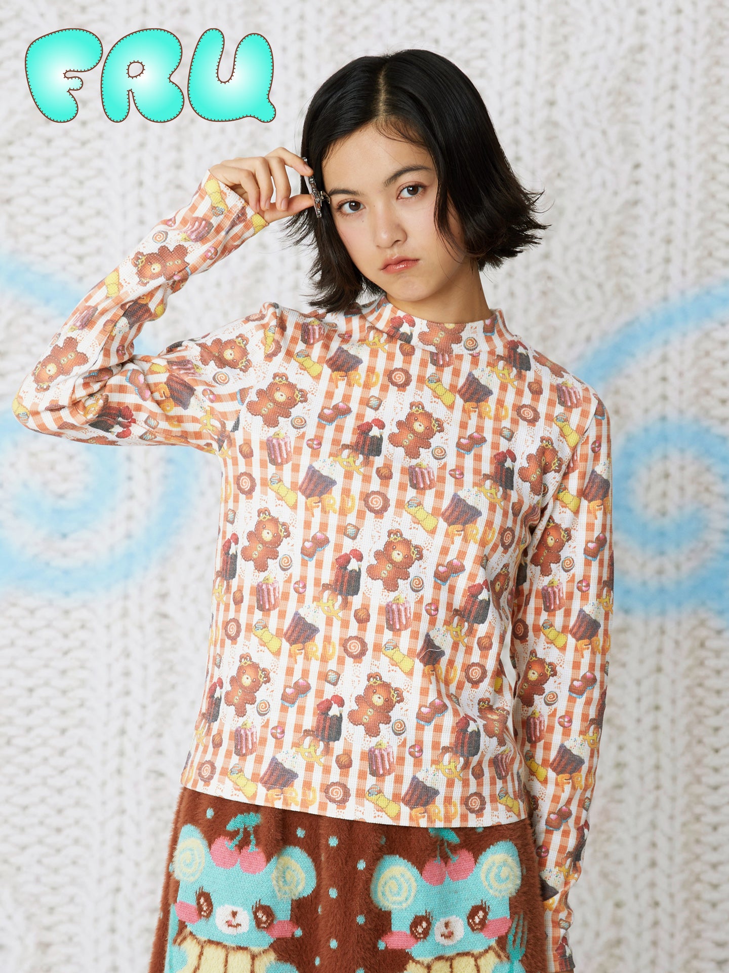 Kawaii Cookie Print Waffle Knit Tee - Cotton Base Layer - frufru by Land Decora