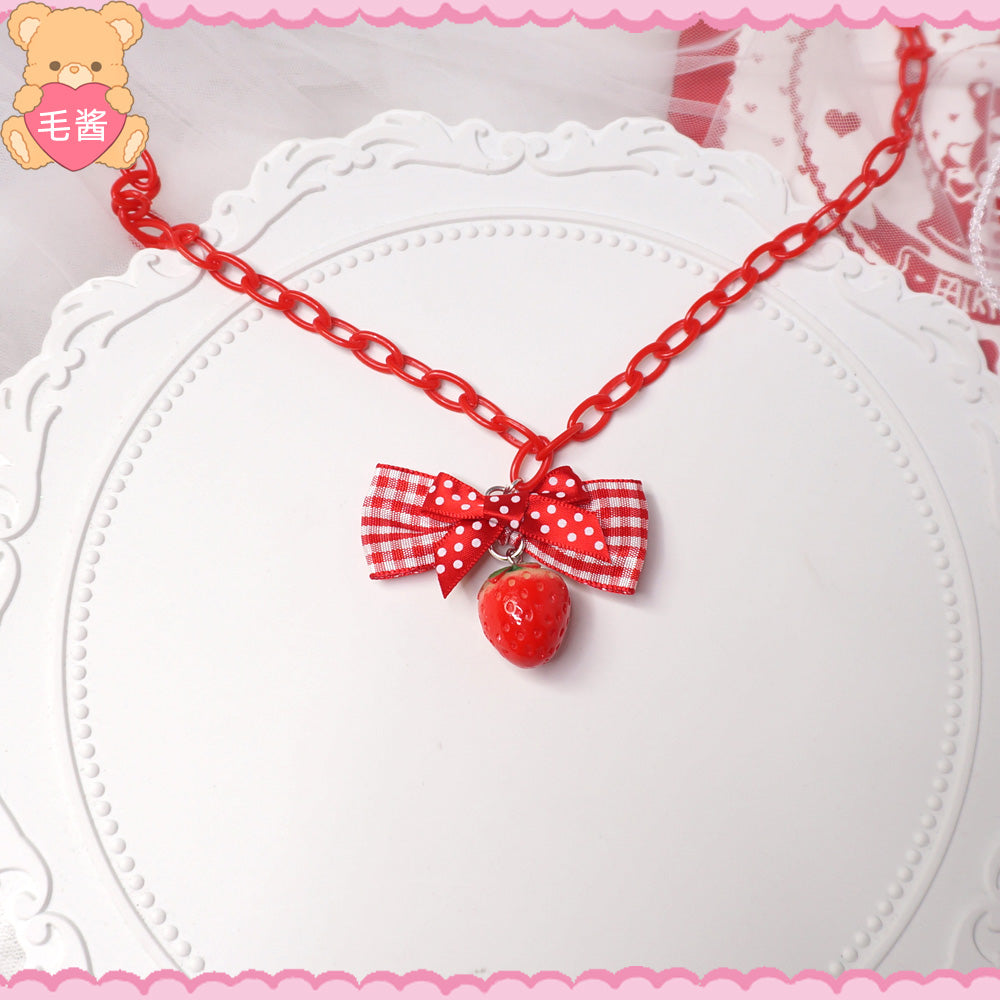 MaoJiang Strawberry Bow Necklace | Kawaii Long Pendant Chain by Land Decora