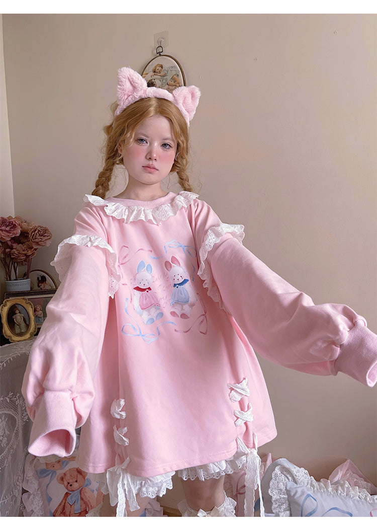 Kawaii Ballet Bunny Lace Ribbon Sweatshirt - Labeau by Land Decora