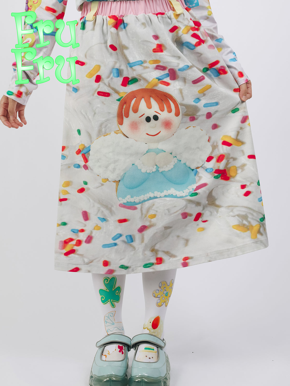 frufru Angel Cookie A-line Skirt | Harajuku Cotton Printed Midi Skirt by Land Decora
