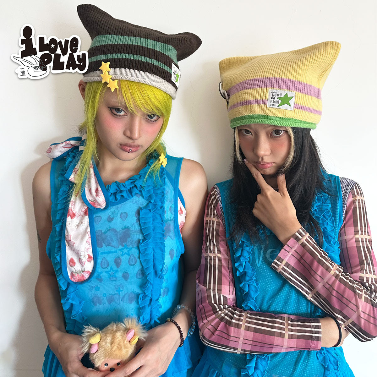 Y2K Knit Hat Striped Demon Horn Lucky Star - Loveplay by Land Decora