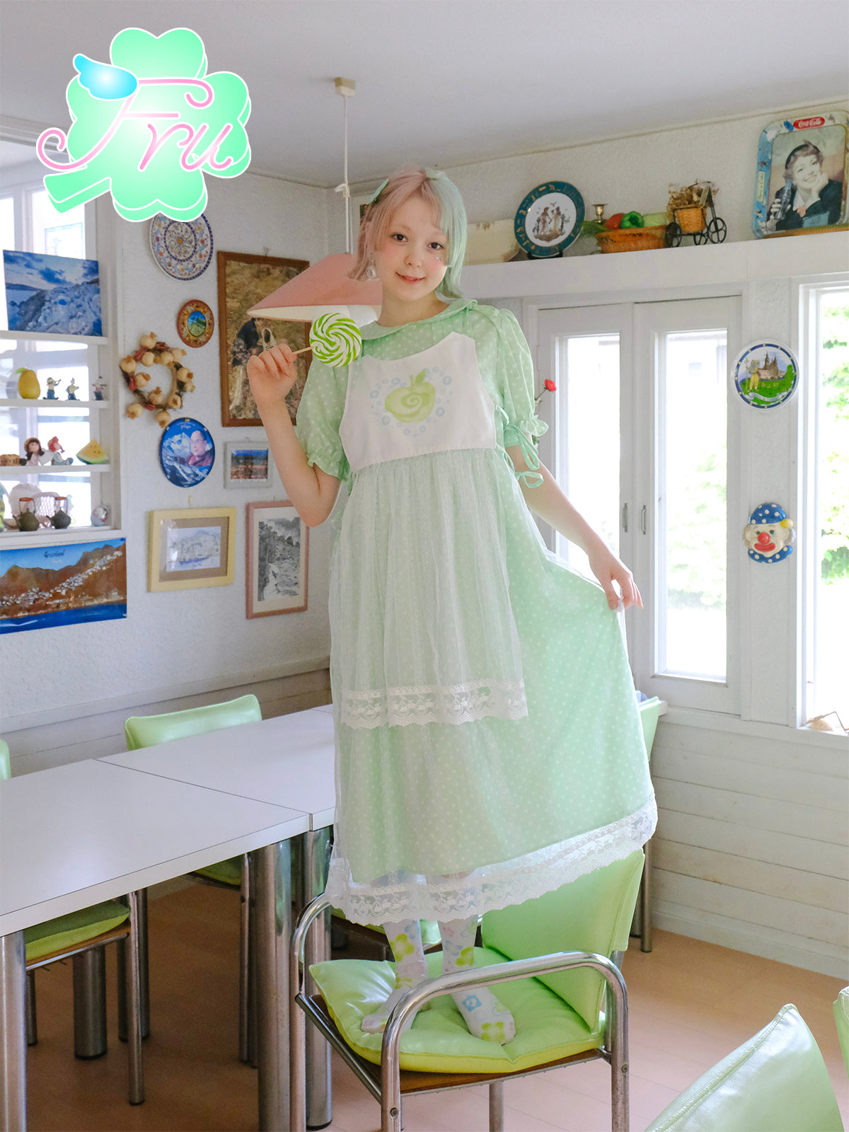 FruFru Summer Doll Collar Dress | Green Polka Dot Dress | Cotton Sleev by Land Decora