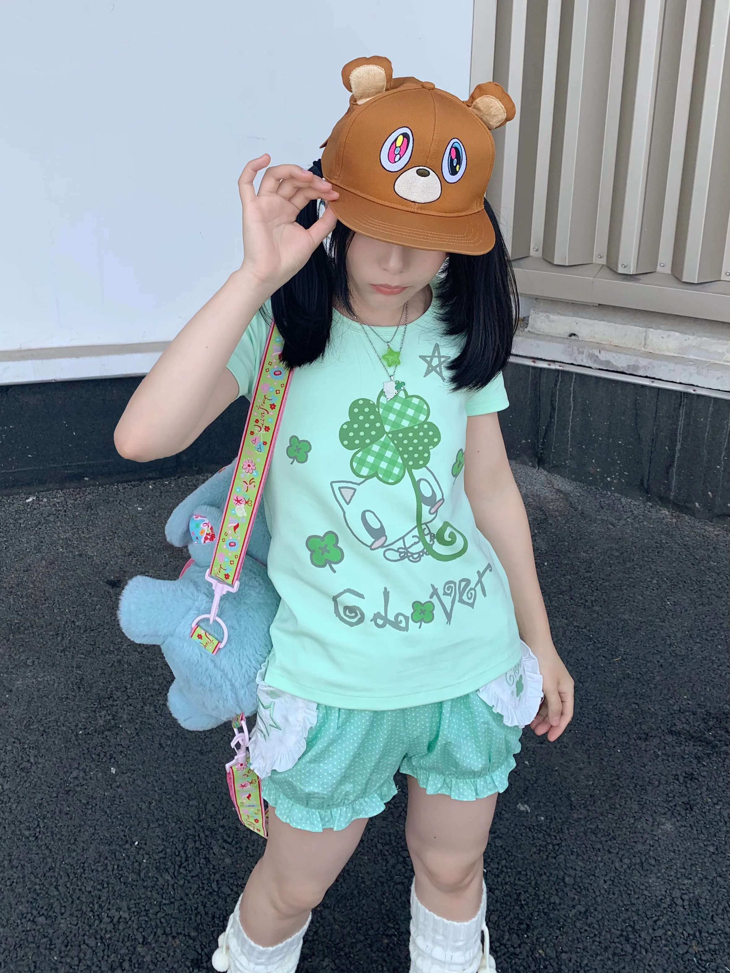 Kawaii Clover Cat Fitted T-Shirt - CokoStore by Land Decora