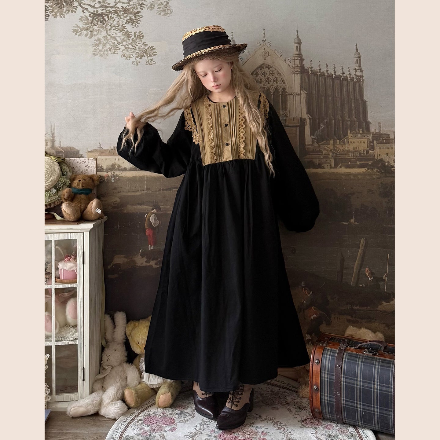 Kawaii Retro Lace Pleated Long Dress Cotton Puff Sleeve - Labeau by Land Decora