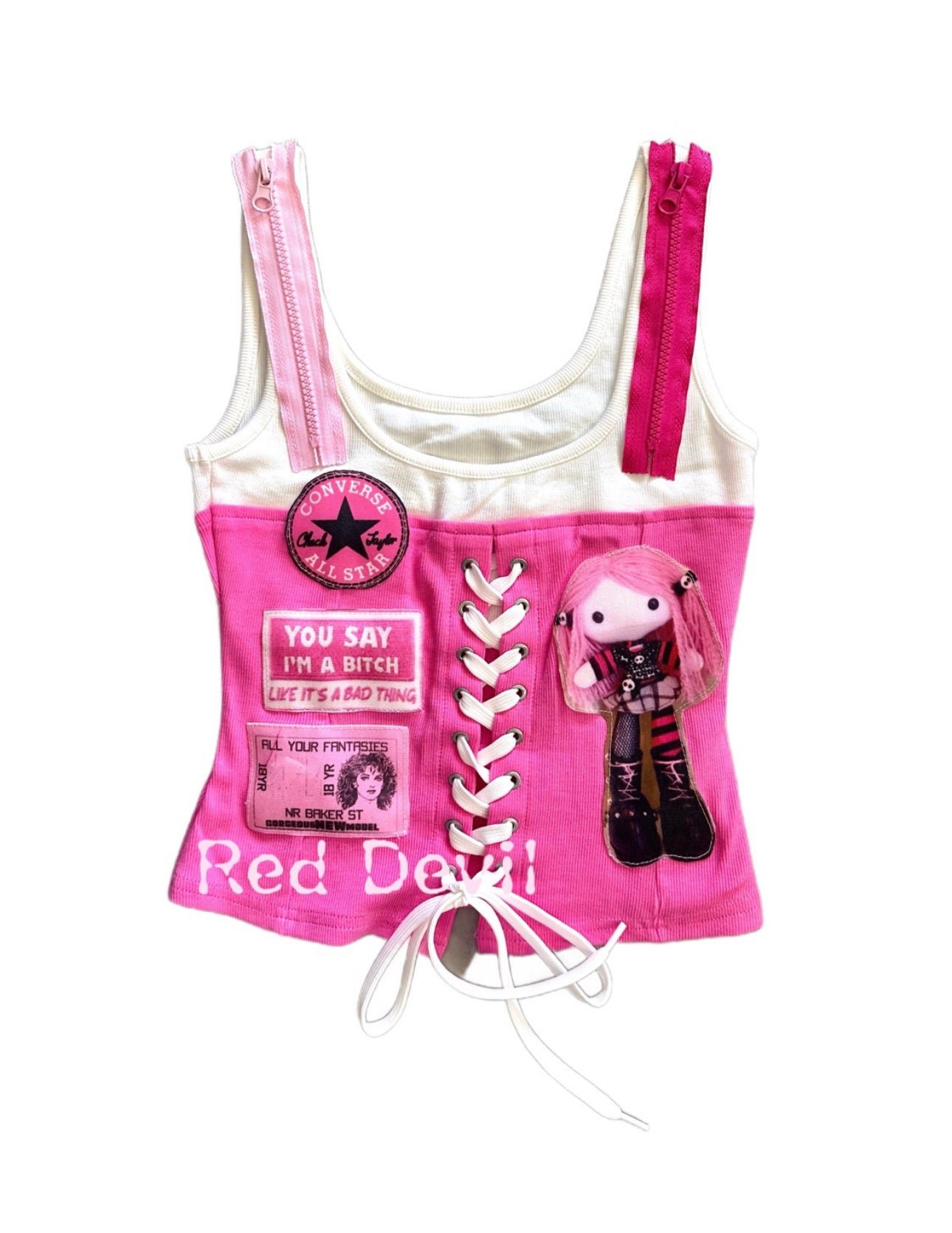 Red Devil Tank Top Y2K Retro Patchwork Tie-Back Asymmetrical Tank Top by Land Decora