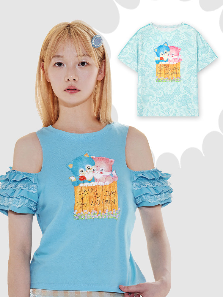 Tntntutu Blue Cat Off-Shoulder T-shirt with Lace Ruffles Oversized Loo by Land Decora
