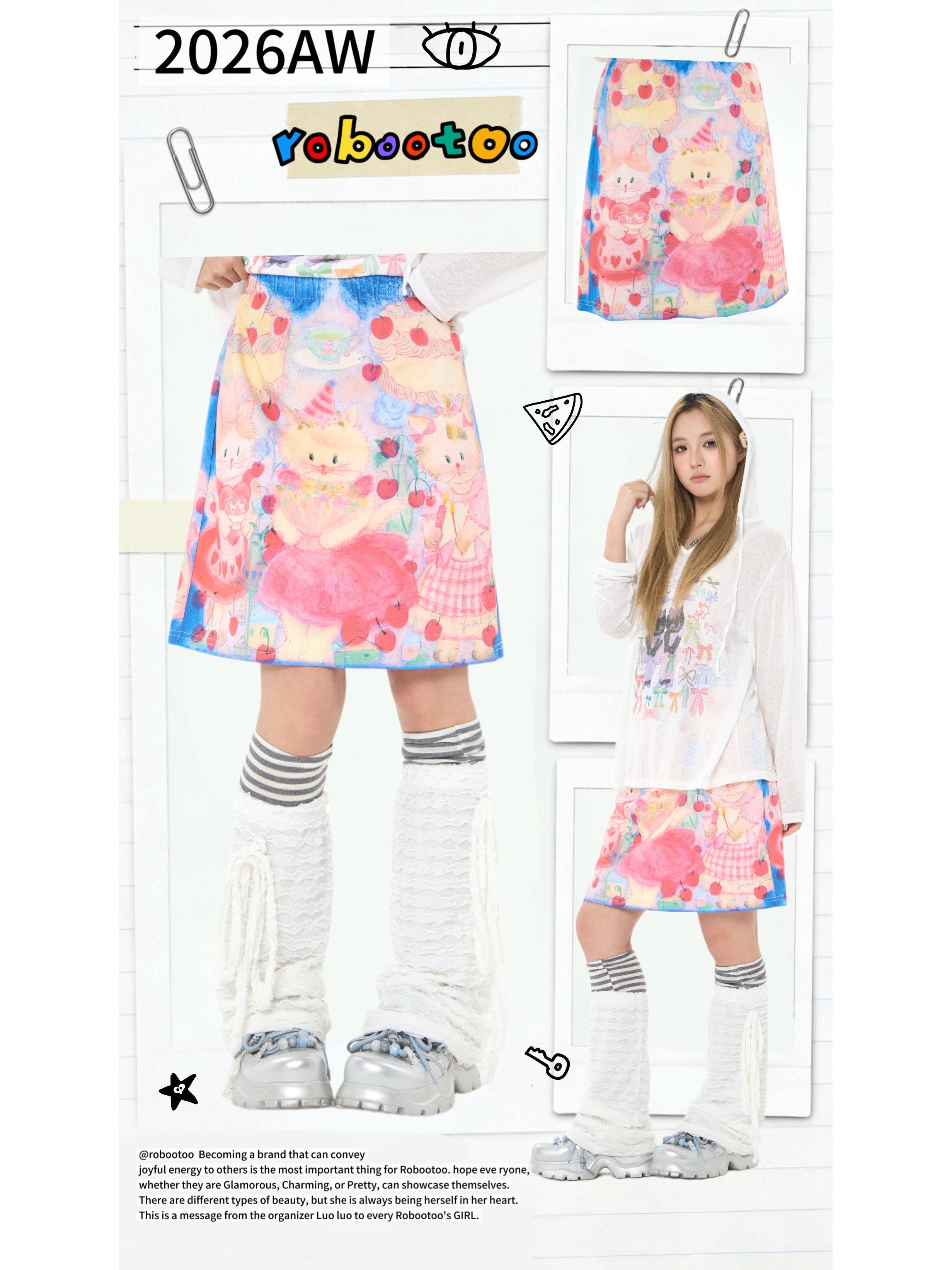 Blue Pink Cat Print Elastic Waist Skirt Y2K - Robootoo by Land Decora