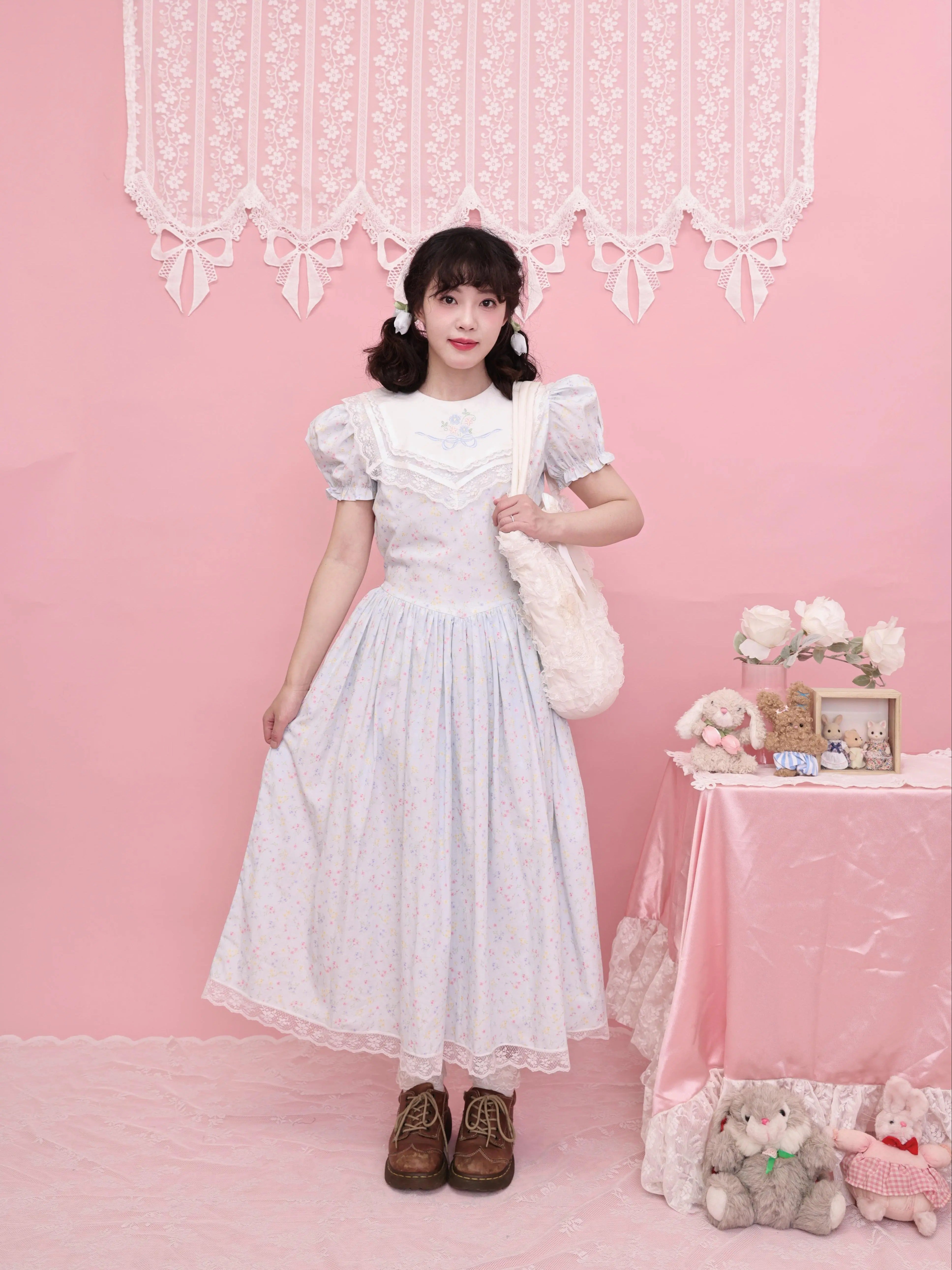 Kawaii Floral Sailor Dress - Embroidered Cotton Princess Waist - SemenCoicis by Land Decora