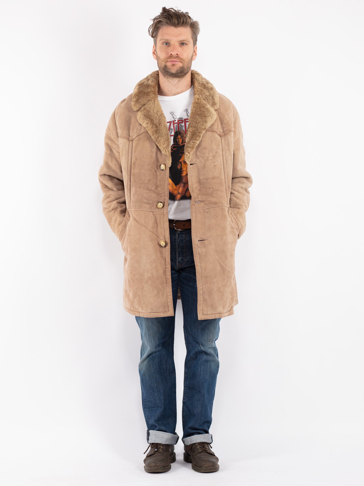Vintage 70's Men Sheepskin Coat in Beige by Northern Grip