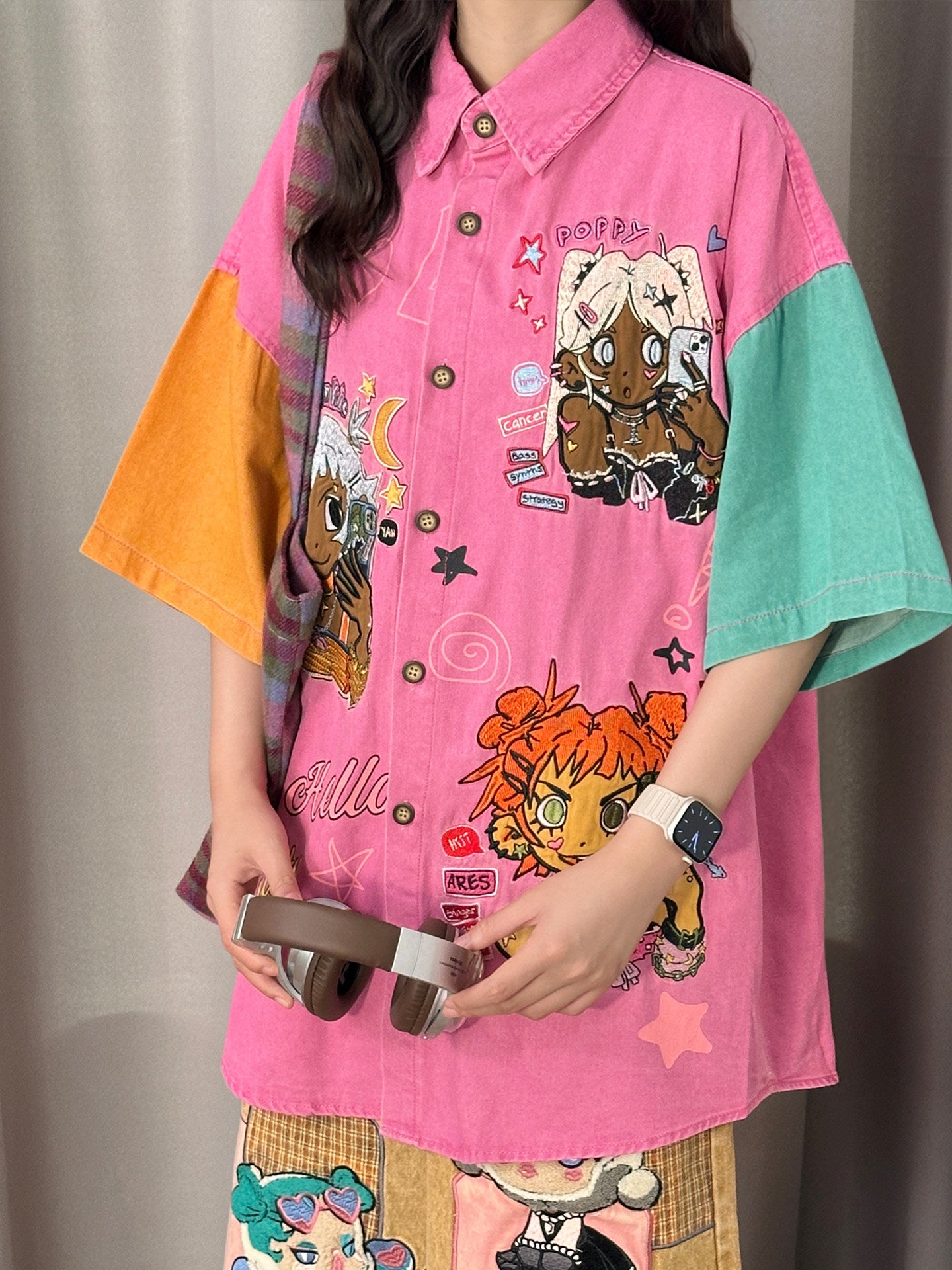 Retro Cartoon Patchwork Shirt Y2K Kawaii by Land Decora