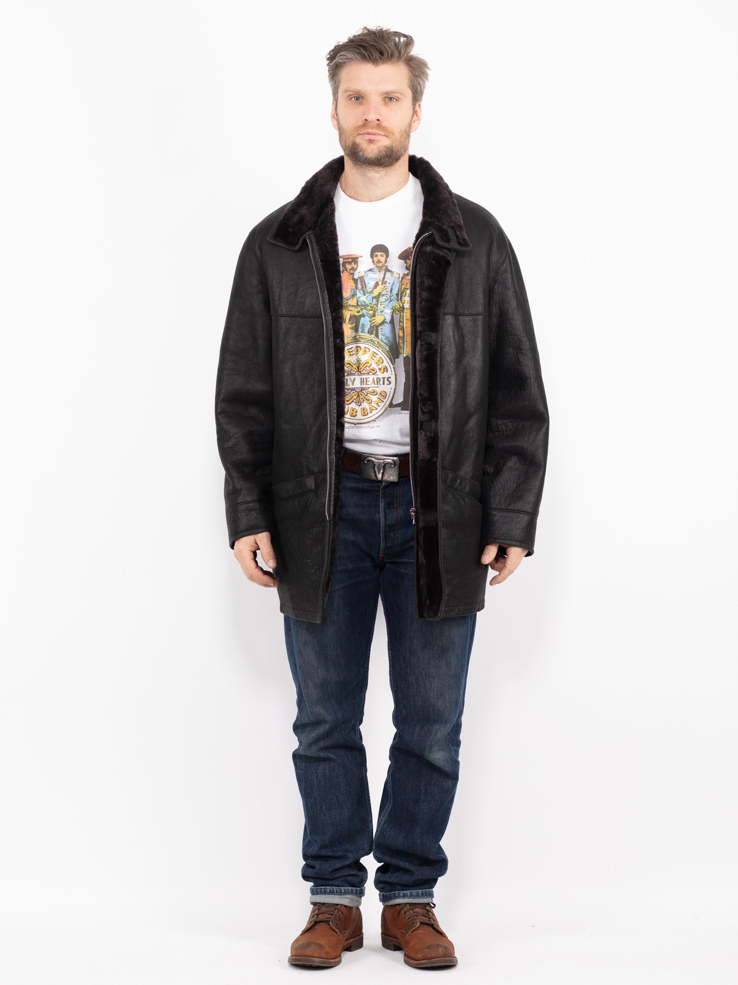 Vintage 00's Men Sheepskin Coat in Black by Northern Grip