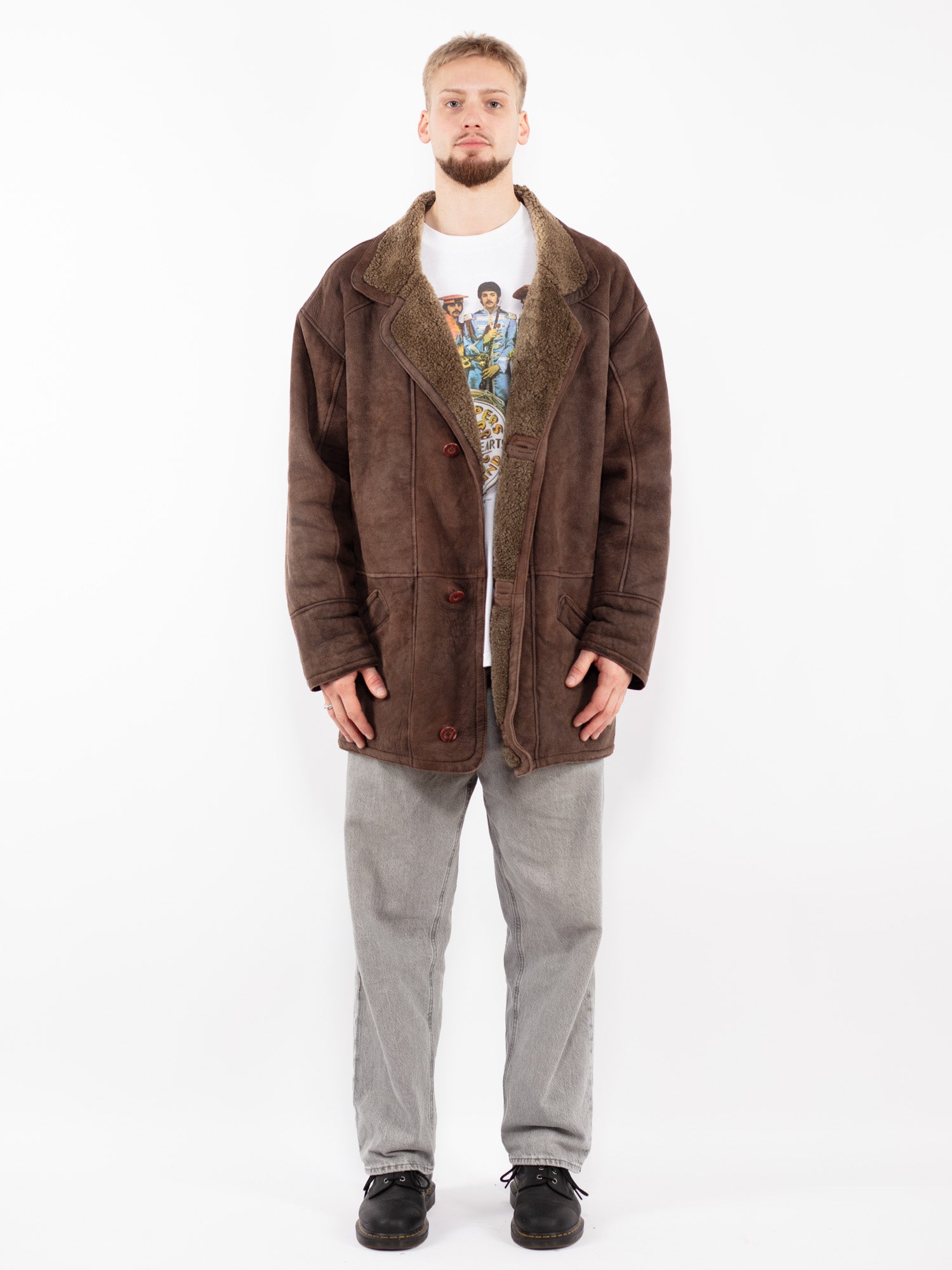 Vintage 90's Men Oversized Sheepskin Coat in Brown by Northern Grip