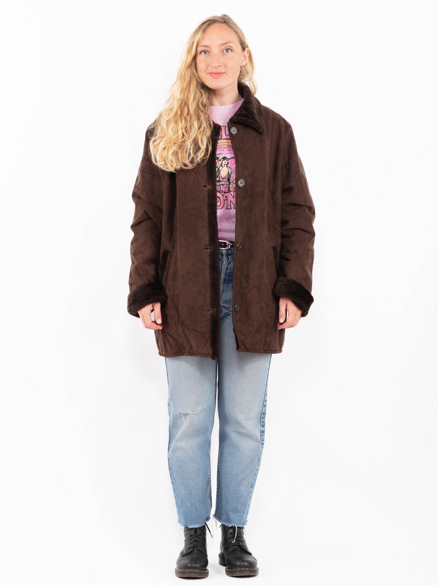 Vintage 90's Women Faux Sheepskin Coat in Brown by Northern Grip