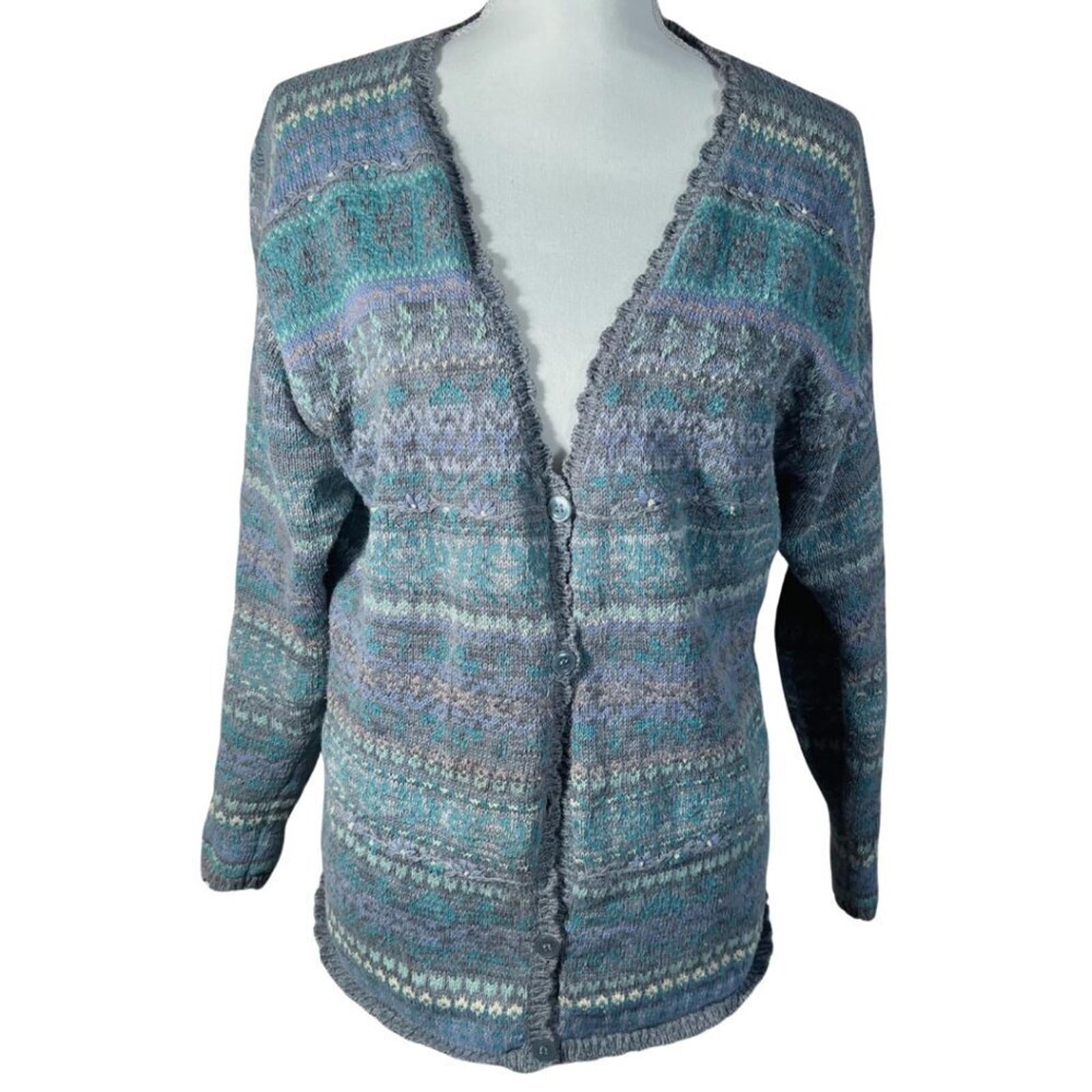 Vintage Jantzen Collection Embroidered Grey Blue Purple Cardigan Sweat by Hot Girl Secondhand
