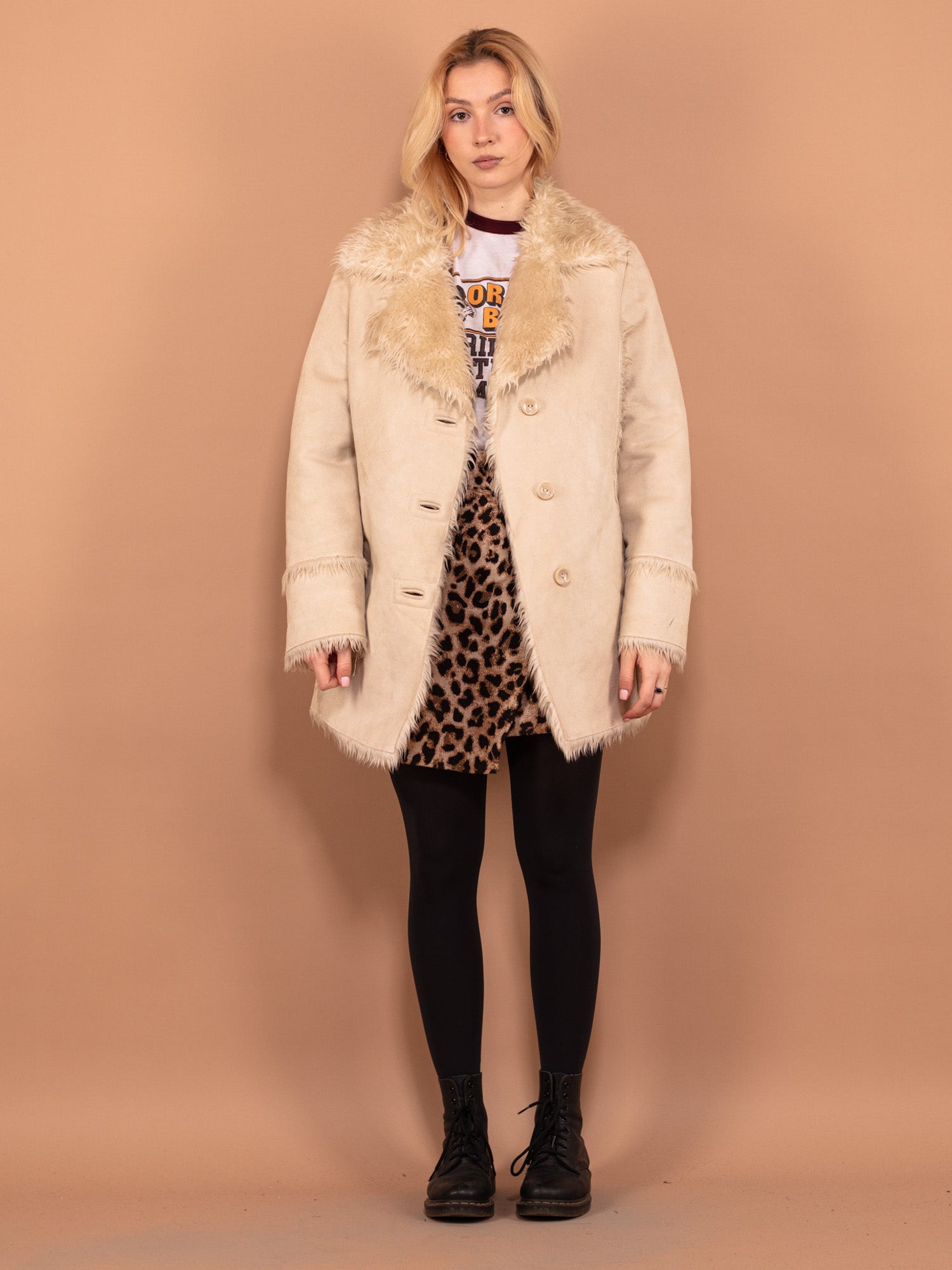 Vintage 00's Women Faux Sheepskin Coat in Beige by Northern Grip