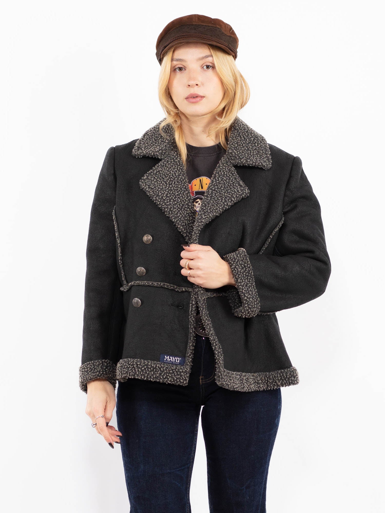 Vintage 90's Women Faux Sheepskin Jacket in Black by Northern Grip