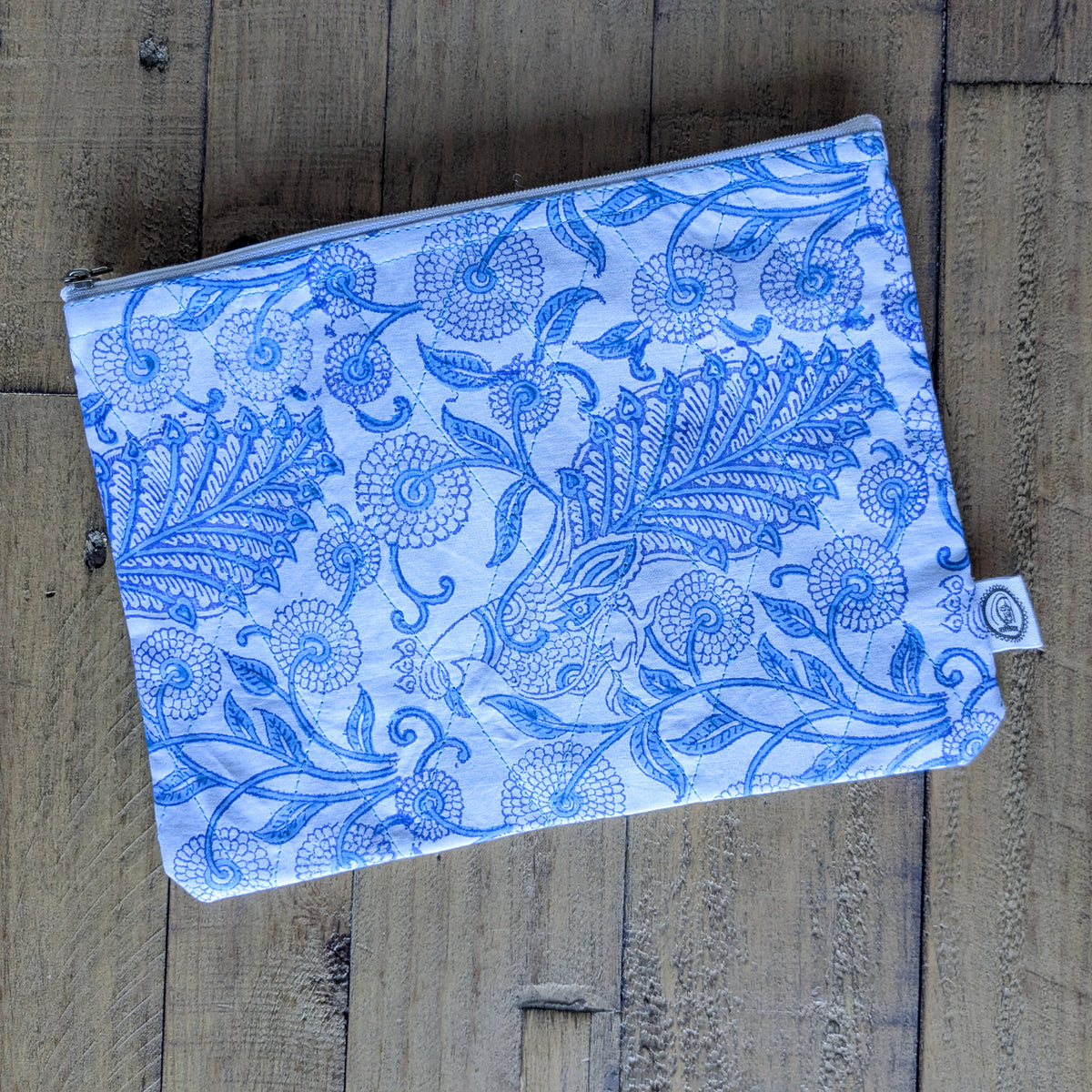 Quilted Block-Printed Zipper Pouch with Tassel by Shakti.ism
