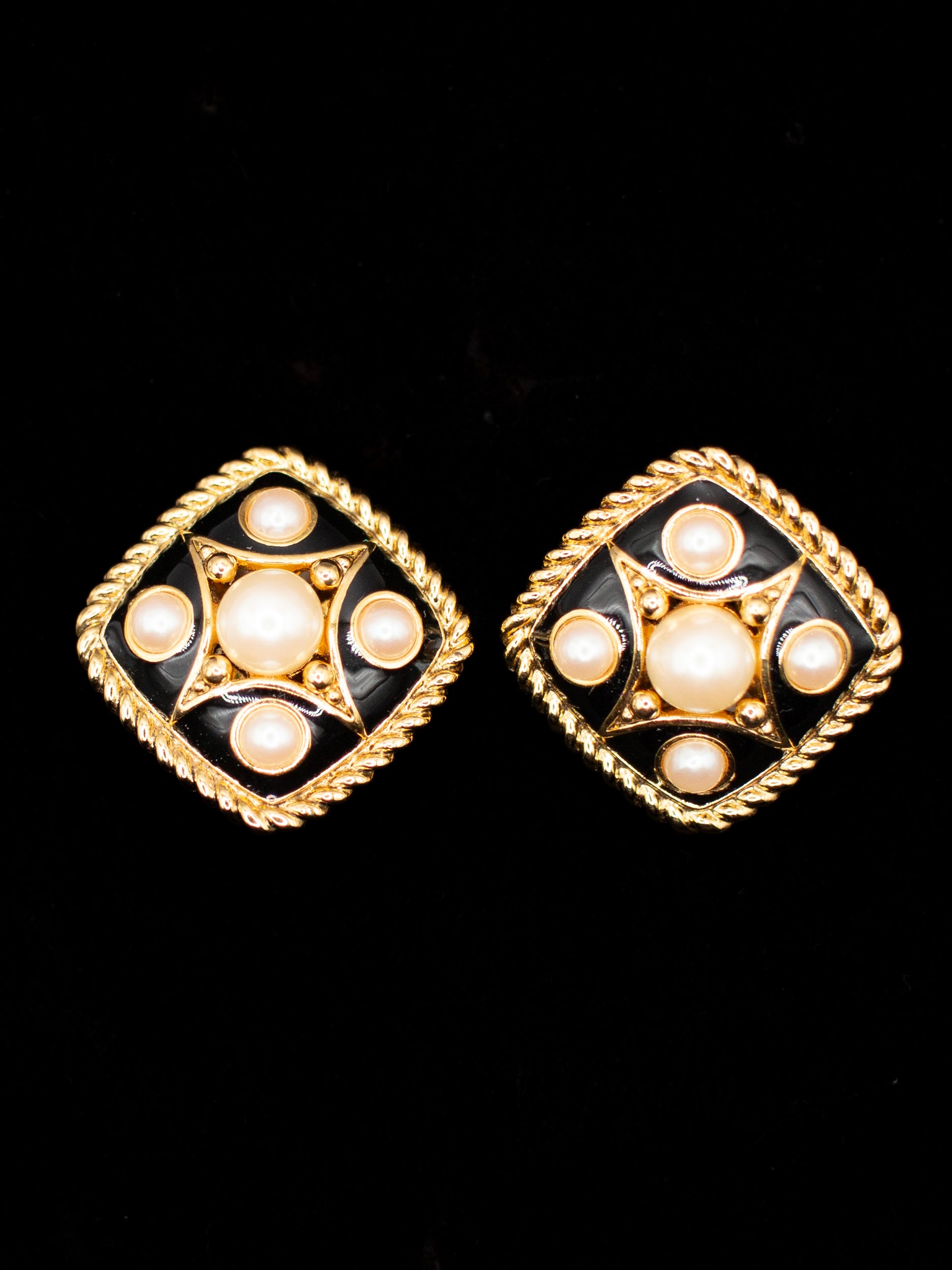 Vintage 80's Black Enamel Faux Pearl Clip-On Earrings by Northern Grip