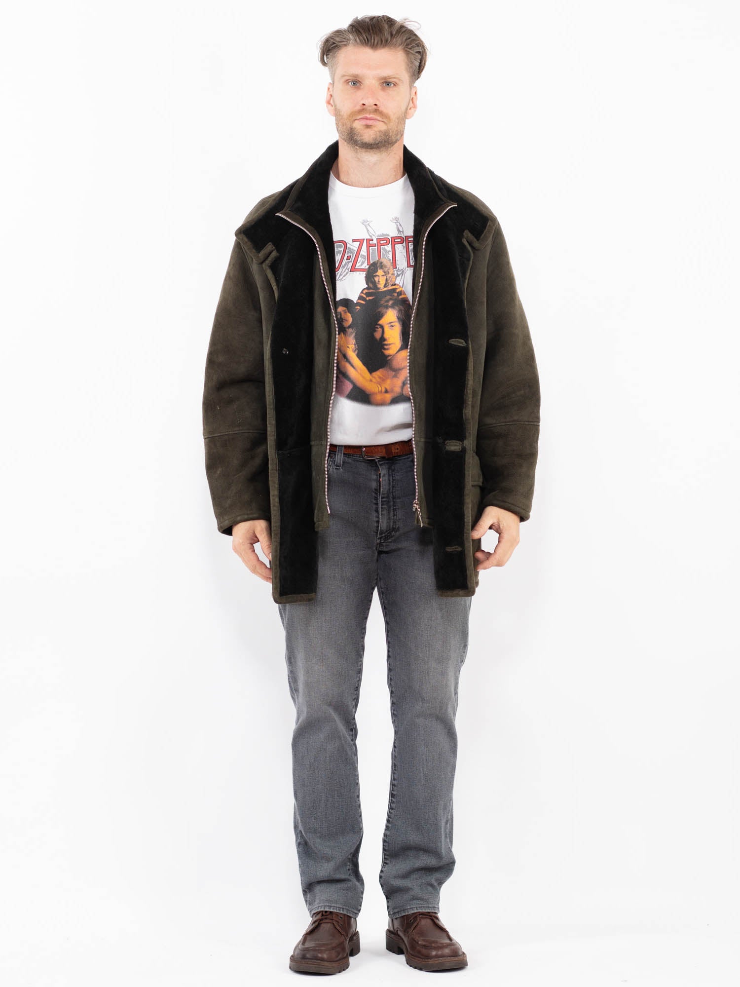 Vintage 90's Men Sheepskin Coat in Green by Northern Grip