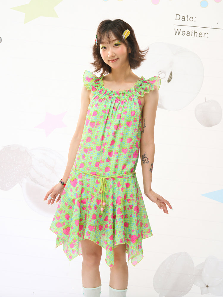 FRUITS Strawberry Print Flutter Sleeve Dress – Irregular Hem Kawaii Decora by Land Decora