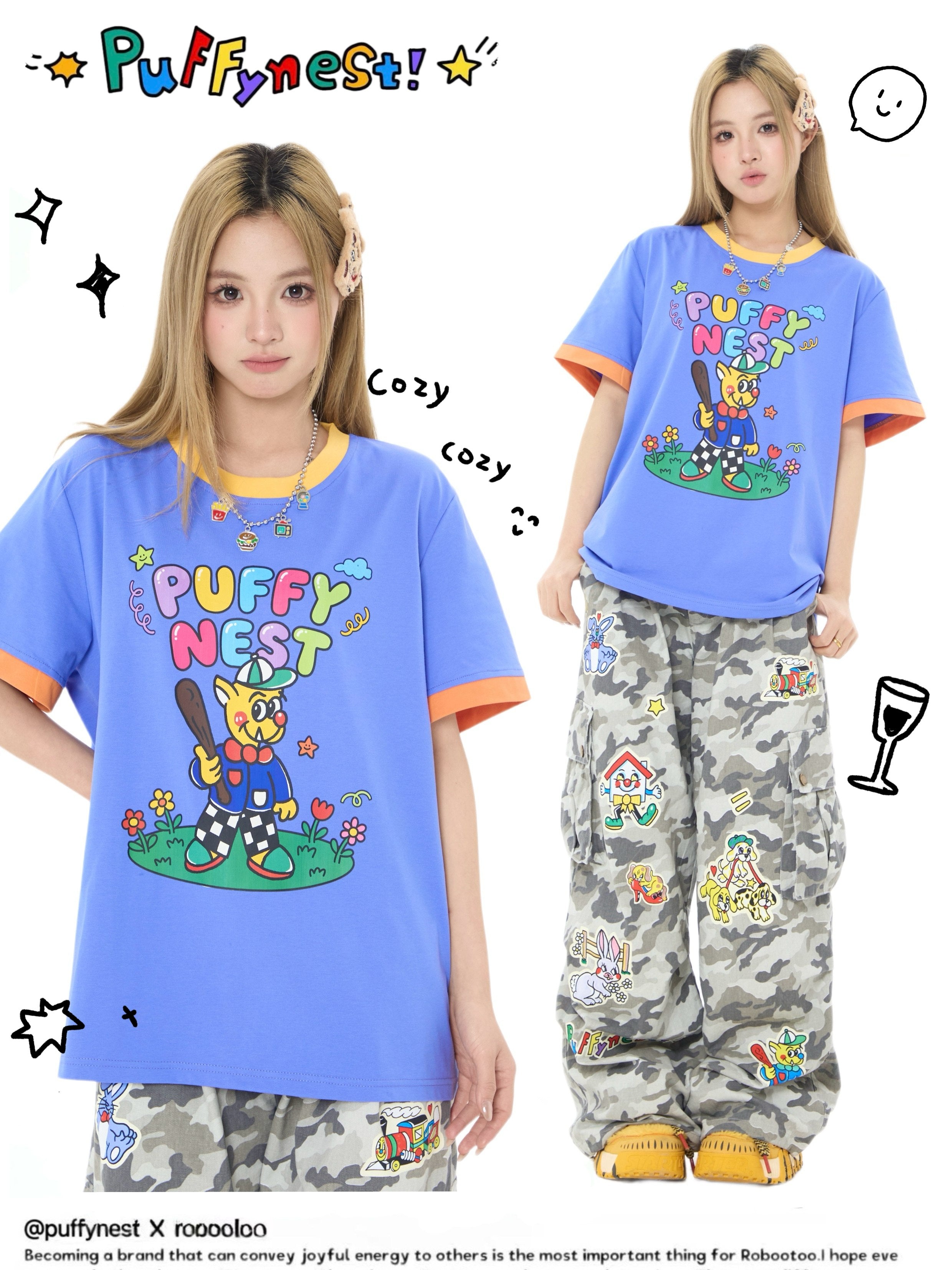 Blue Monster Print Oversized T-Shirt Y2K Kawaii - Robootoo by Land Decora