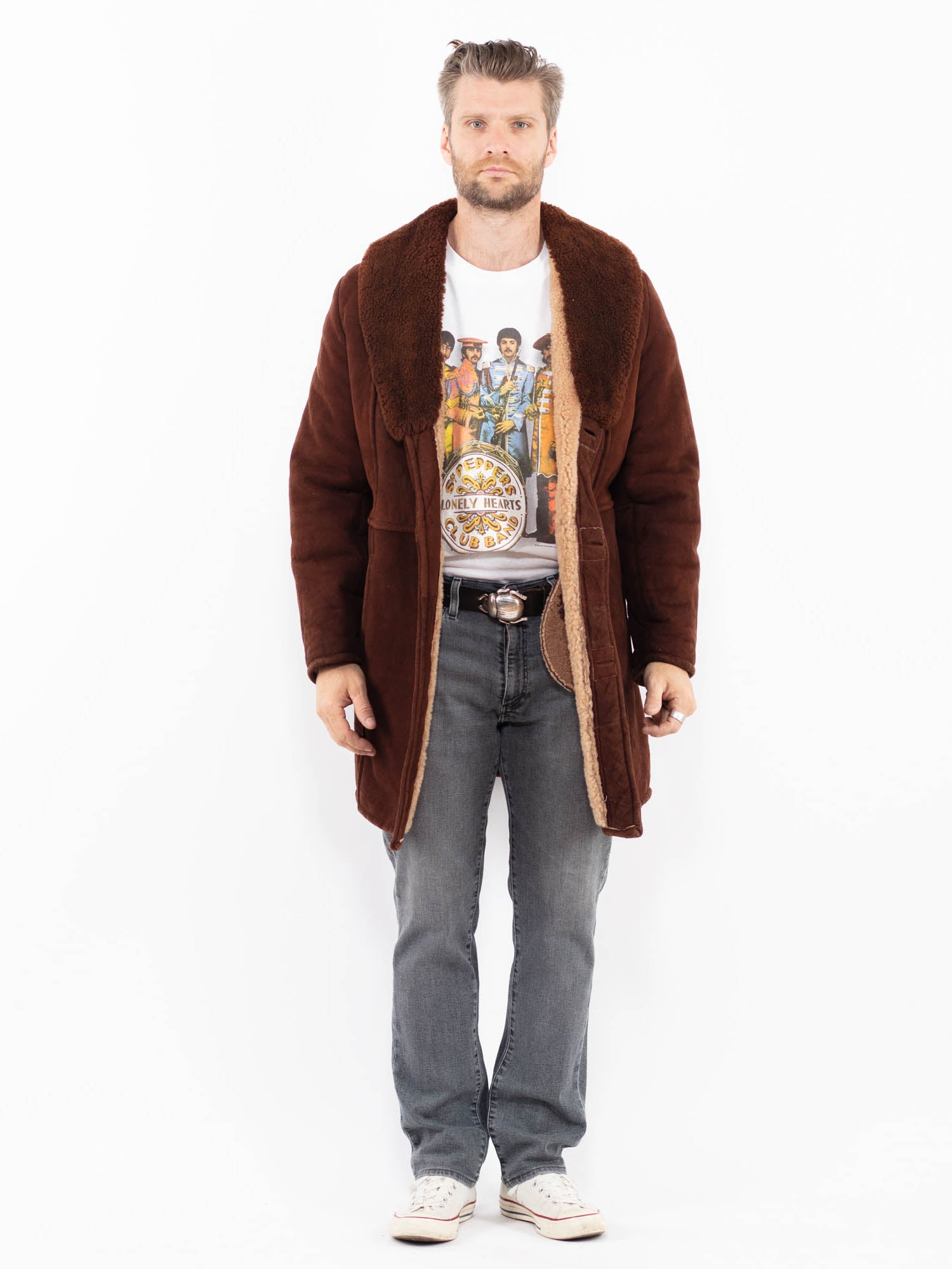 Vintage 70's Men Sheepskin Coat in Brown by Northern Grip