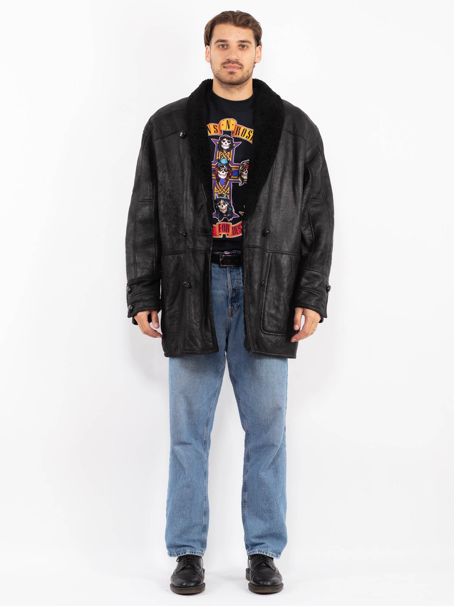 Vintage 80's Men Oversized Sheepskin Coat in Black by Northern Grip