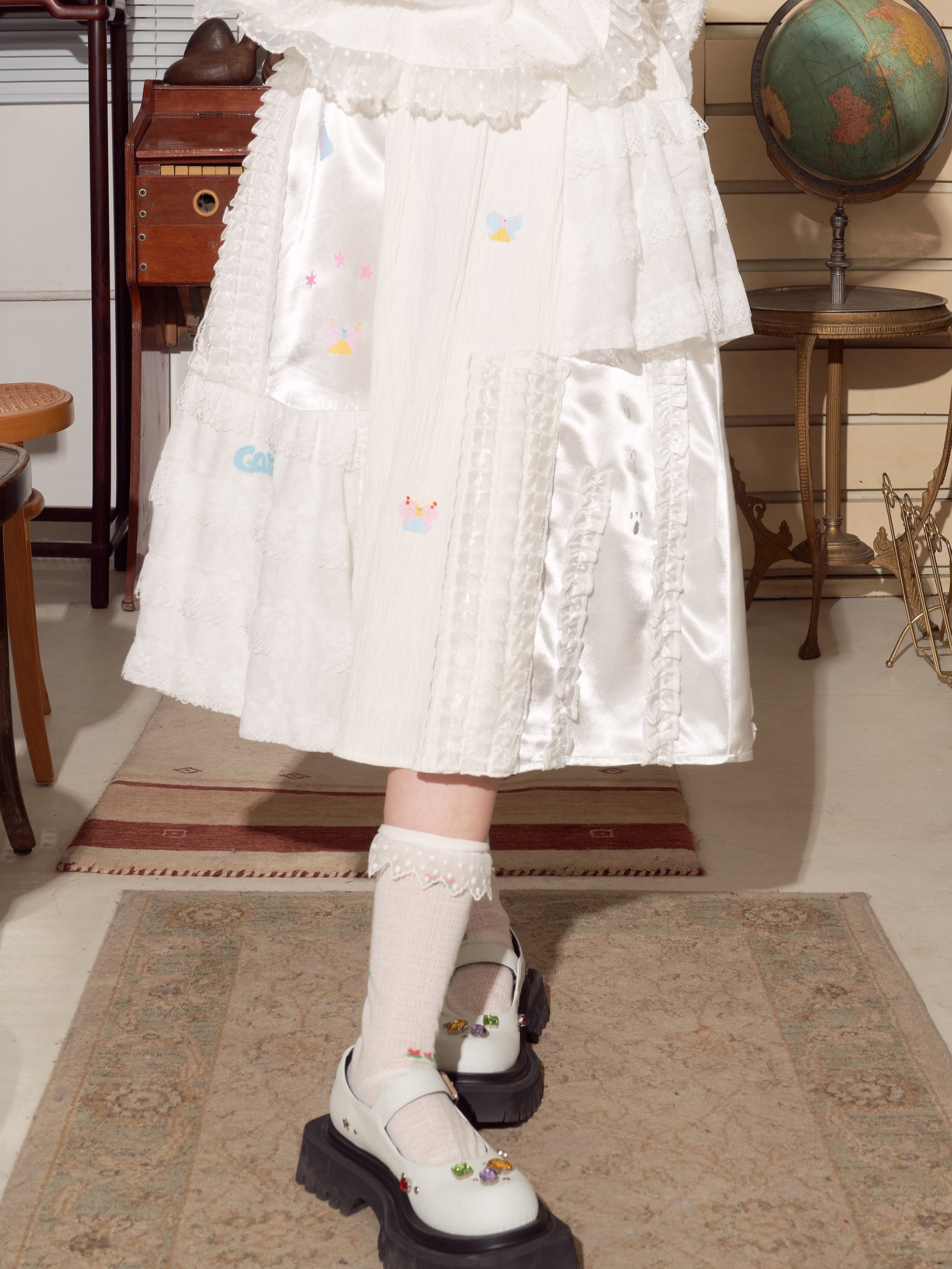 Harajuku Skirt Printed Patchwork Lace Satin Skirt Cute Versatile Skirt - HELPHELP by Land Decora