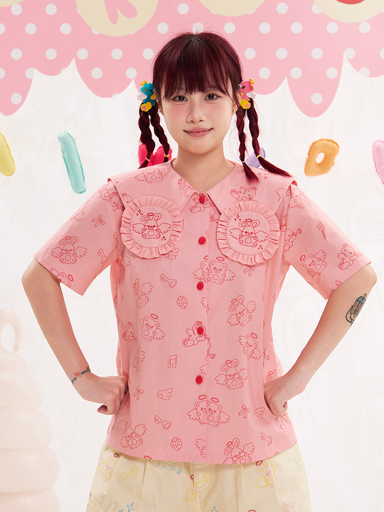 NIKKOU Pink Bunny Embroidered Shirt | Harajuku Bunny Collar Blouse by Land Decora