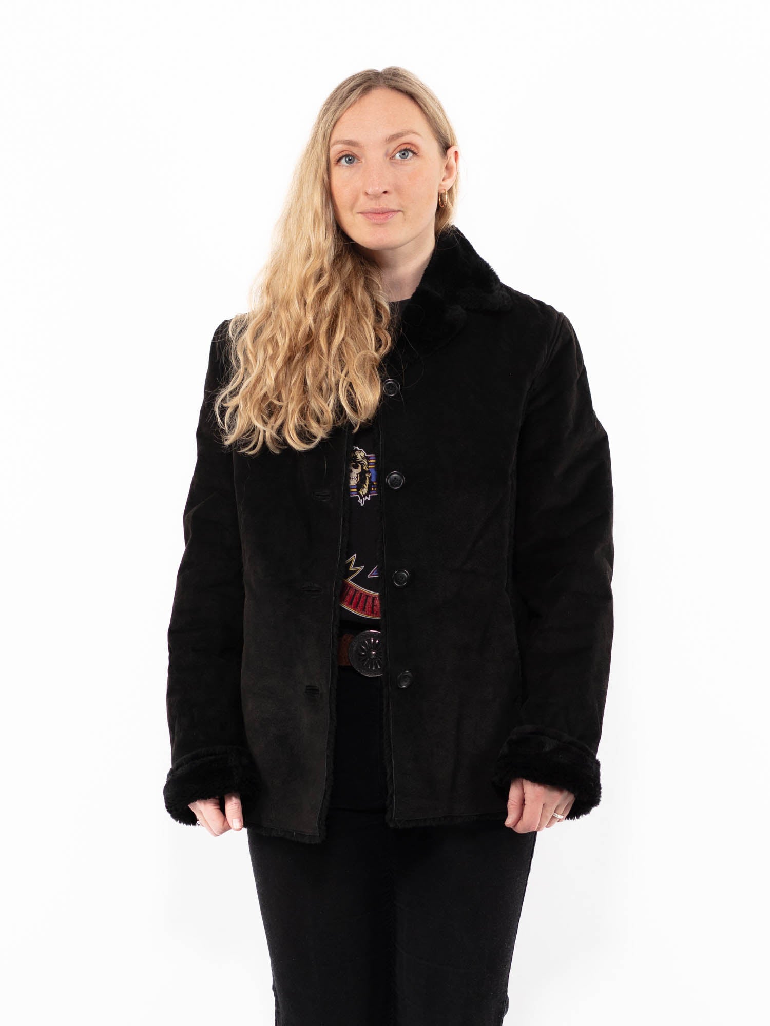 Vintage 90's Women Suede Sherpa Jacket in Black by Northern Grip