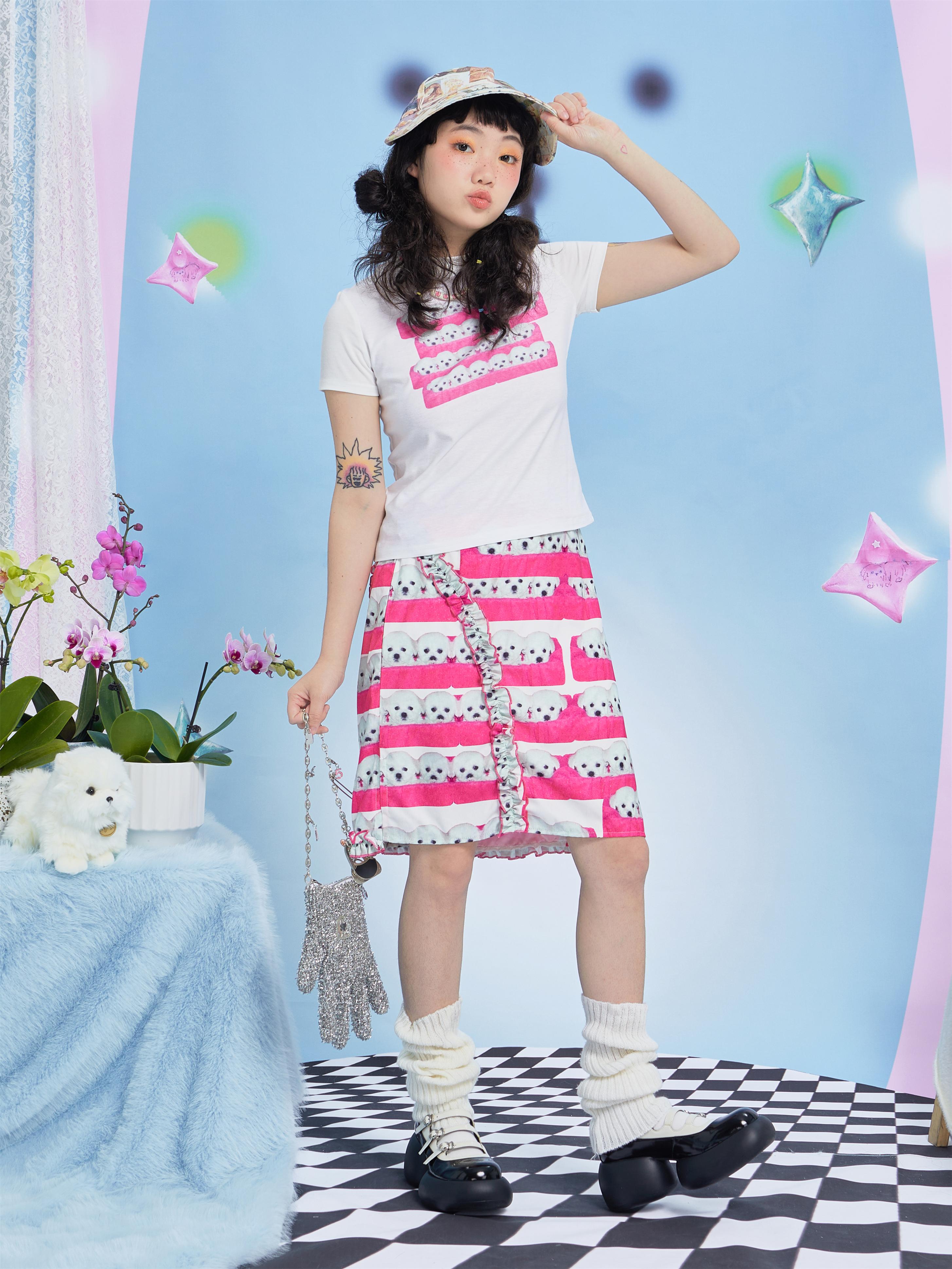 Harajuku Skirt Pink Dog Print Skirt Cute Summer A-Line Skirt Moon Meadow by Land Decora