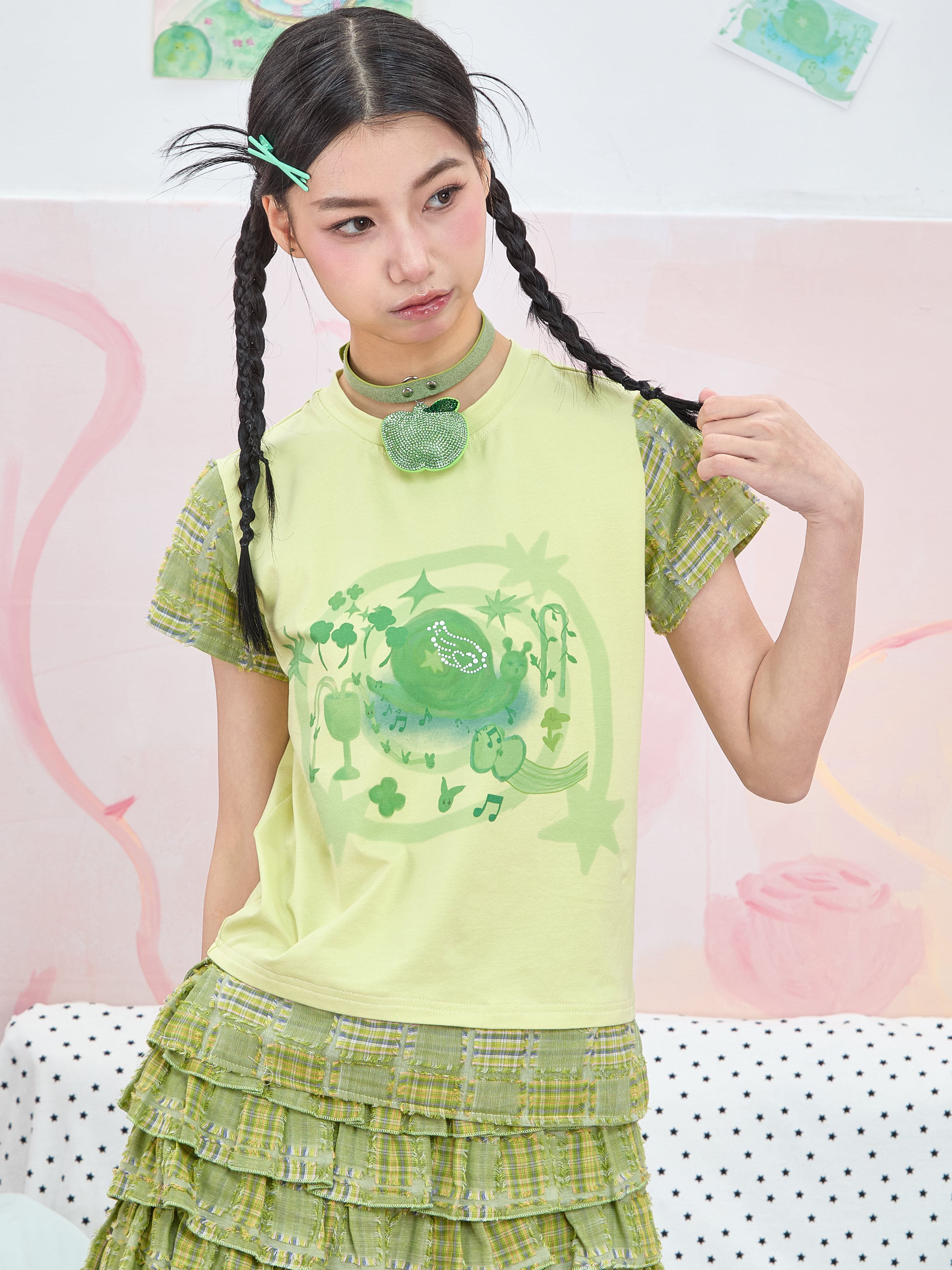 Y2K Snail Print Green Contrast T-Shirt - Cute Harajuku Style - Moon Meadow by Land Decora
