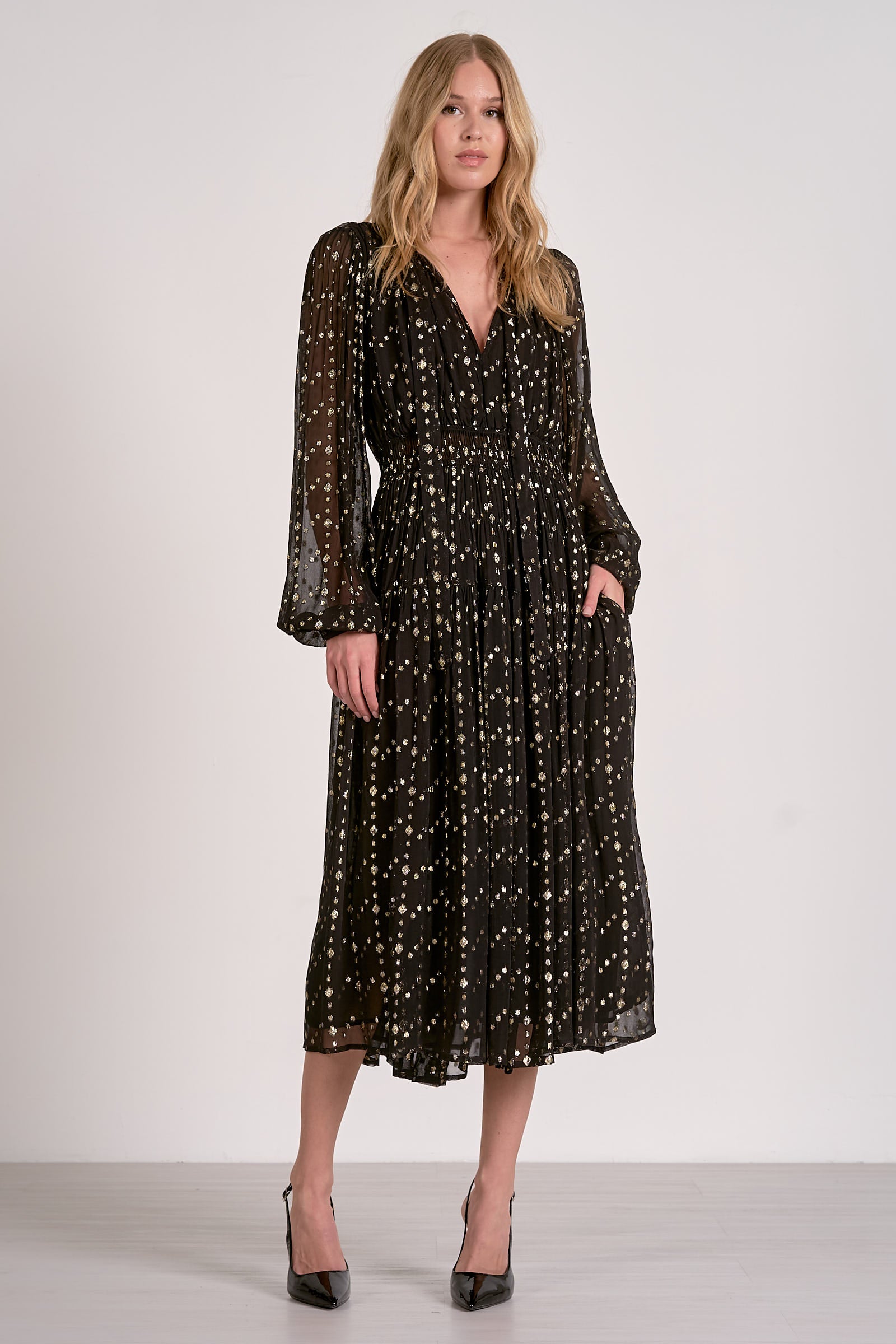Elan Long Sleeve Maxi Dress with Tie Neck by Sierra Deene