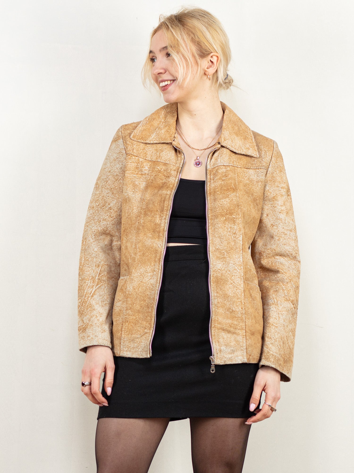 Vintage 90's Women Distressed Suede Jacket in Beige by Northern Grip
