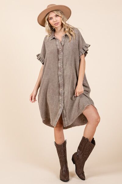 MINERAL WASH COTTON GAUZE MINI SHIRT DRESS by RAËLIV