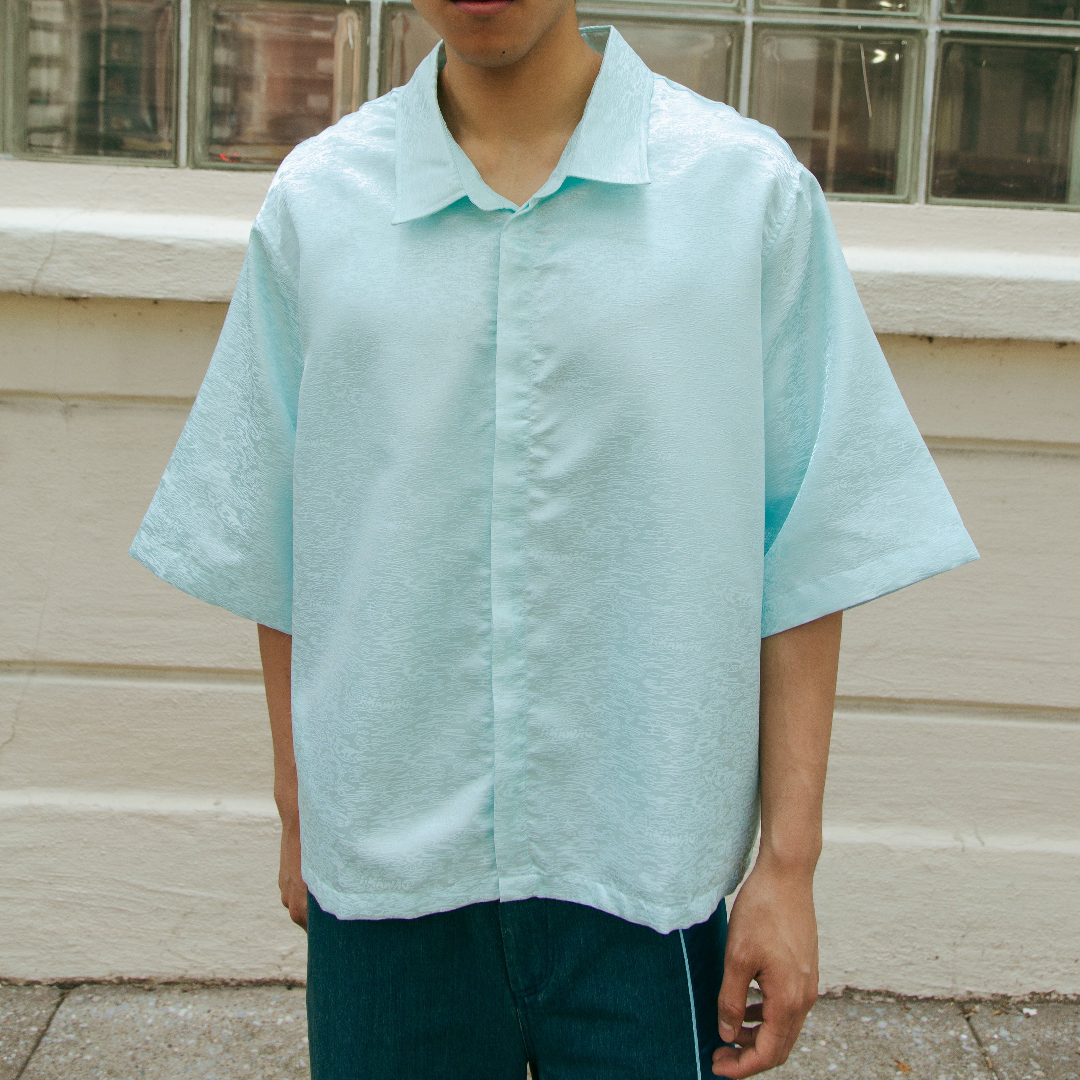 Dori Brocade Straight Collar Shirt Jade Blue by DAWANG