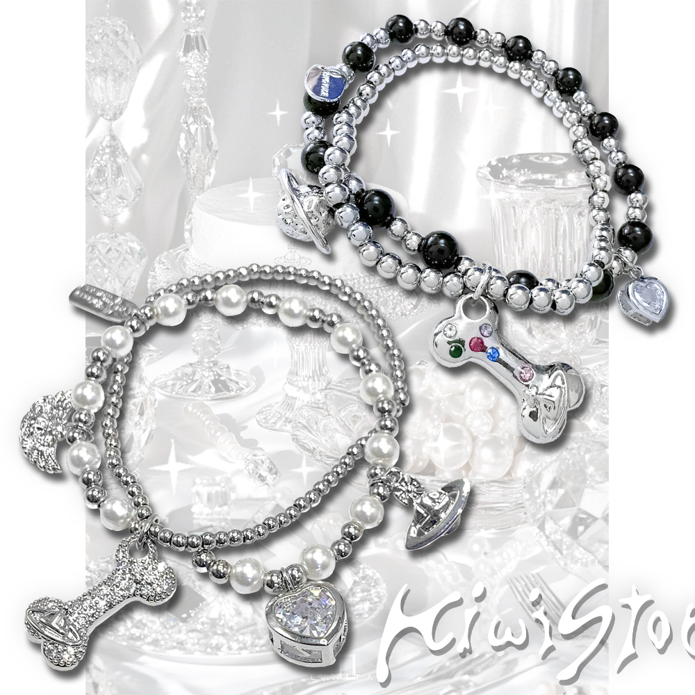 Y2K Saturn Bone Bracelet - Silver Alloy Pearl Chain - Kiwi Store by Land Decora