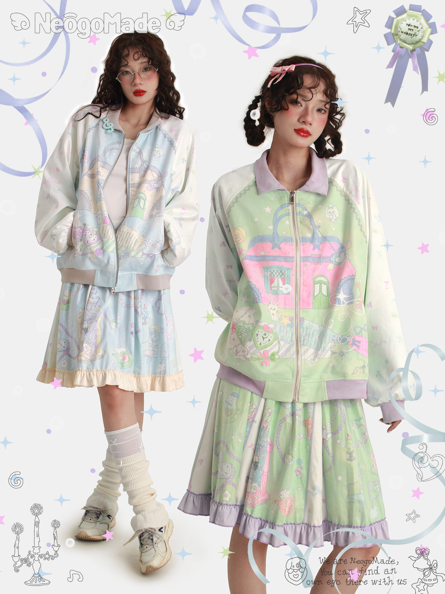 Kawaii Plush Jacket Skirt Set Cute Ruffled Patchwork – NeogoMade by Land Decora